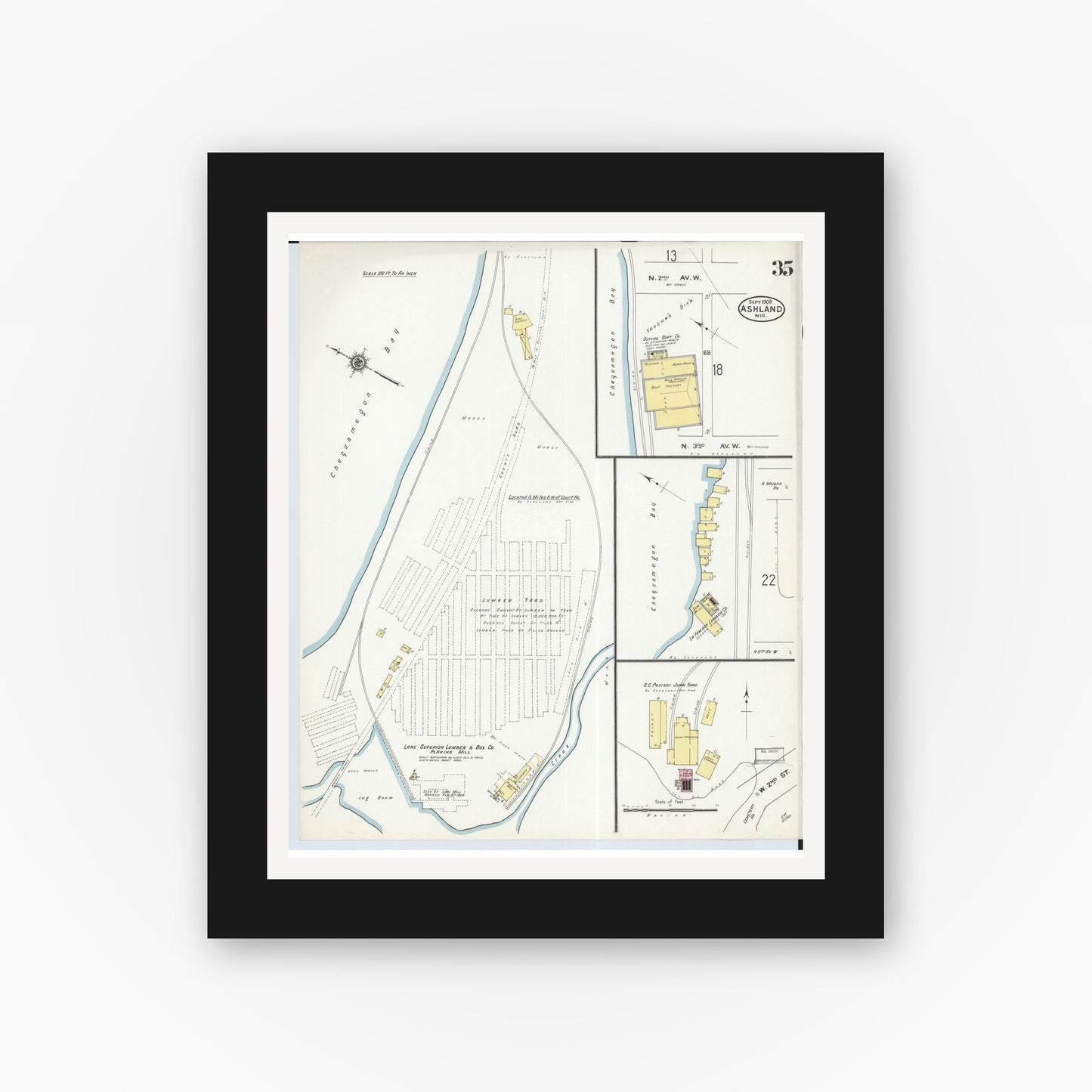 Old map wall art mockup — black gallery frame with white mat — Sanborn Fire Insurance Map from Ashland, Ashland County, Wisconsin (1909), Sheet #0035