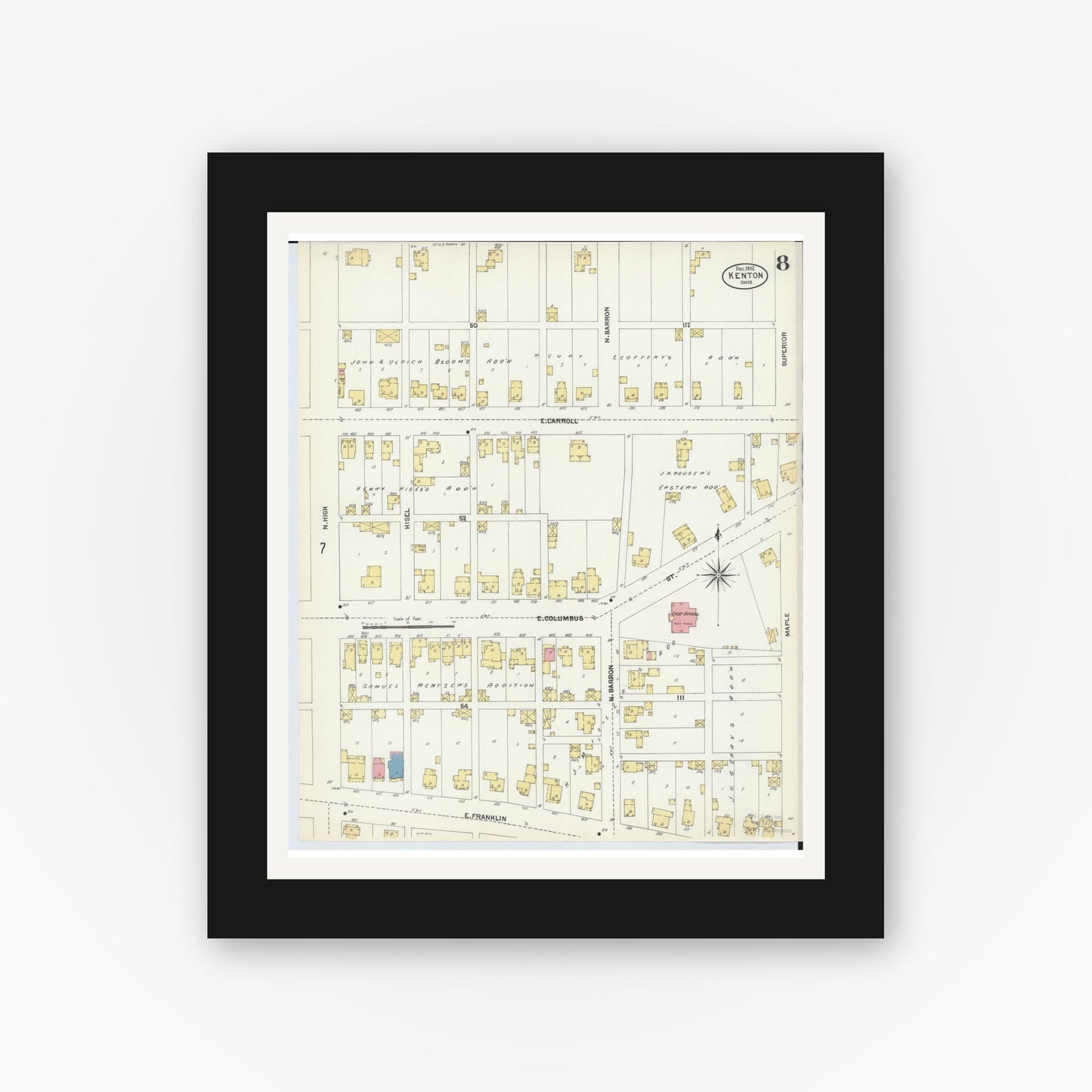Old map wall art mockup — black gallery frame with white mat — Sanborn Fire Insurance Map from Kenton, Hardin County, Ohio (1902), Sheet #0008