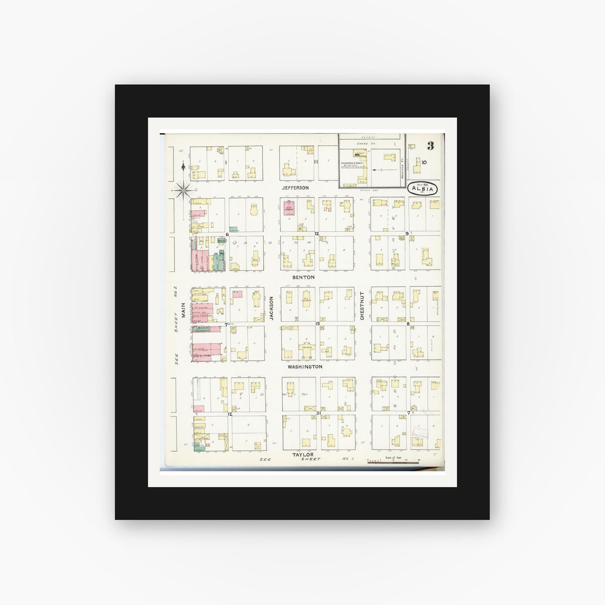 Old map wall art mockup — black gallery frame with white mat — Sanborn Fire Insurance Map from Albia, Monroe County, Iowa (1891), Sheet #0003