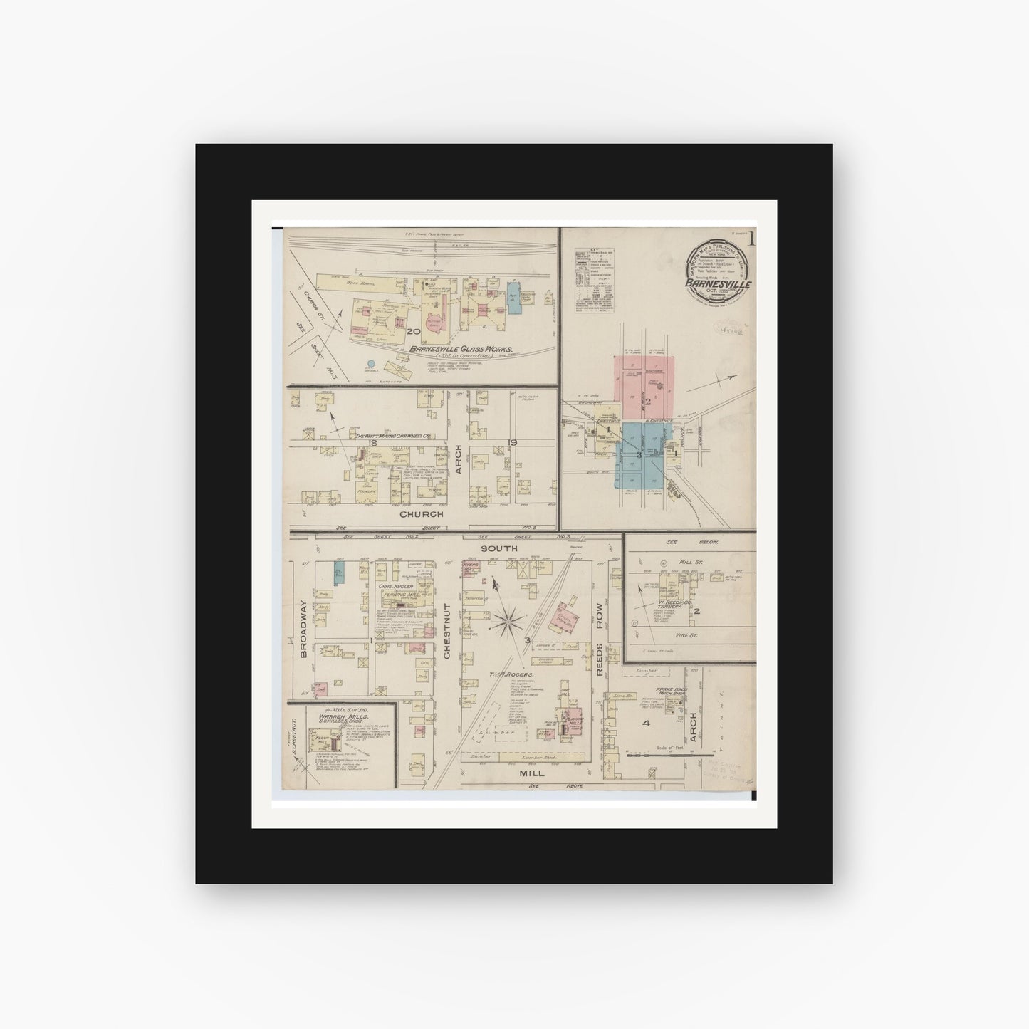 Old map wall art mockup β black gallery frame with white mat β Sanborn Fire Insurance Map from Barnesville, Belmont County, Ohio (1885) - Complete Map Set