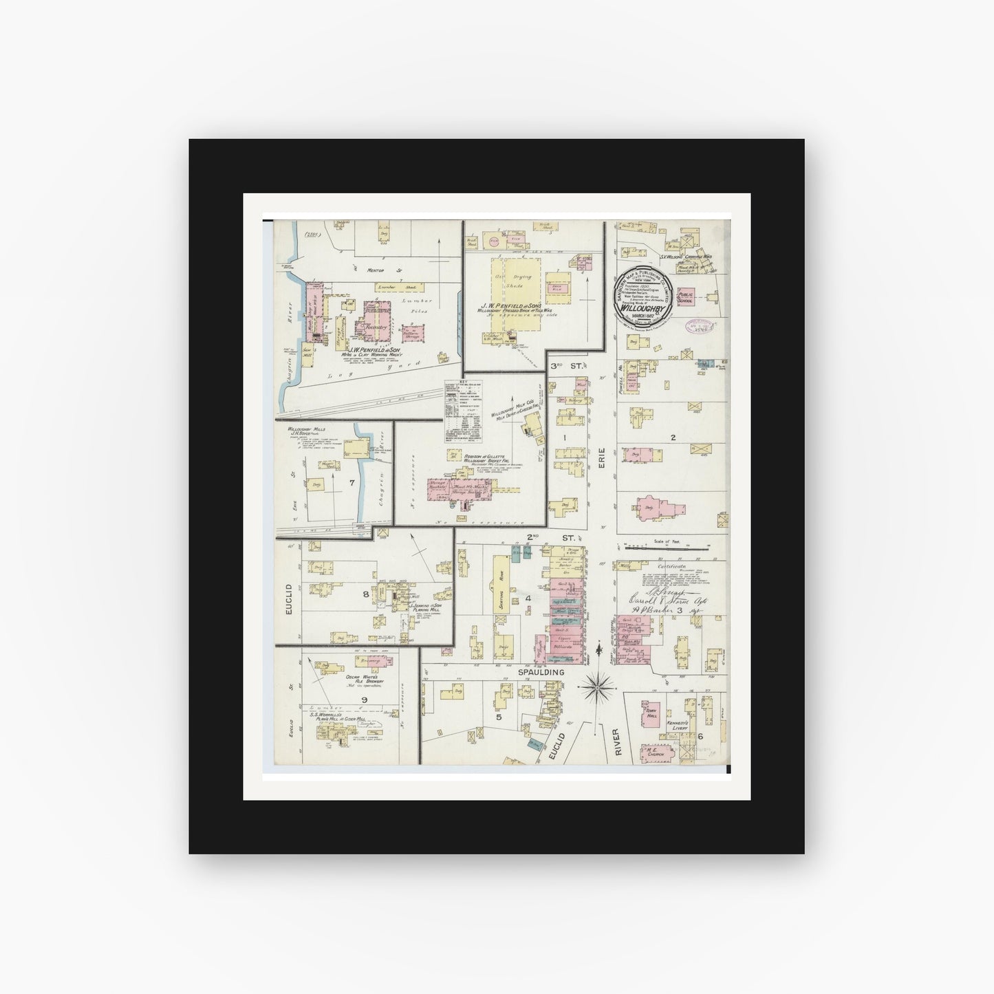 Old map wall art mockup — black gallery frame with white mat — Sanborn Fire Insurance Map from Willoughby, Lake County, Ohio (1887), Sheet #0001