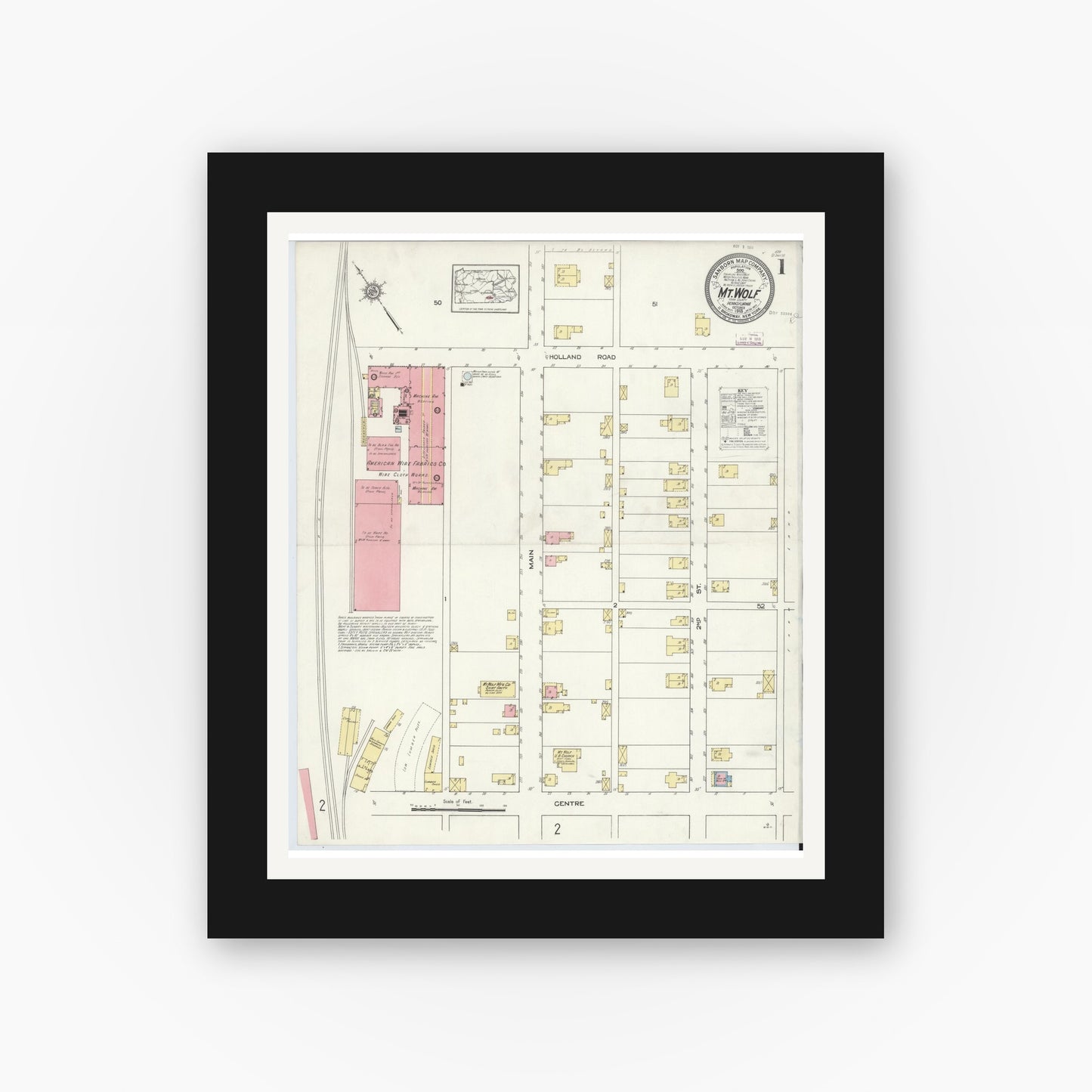 Old map wall art mockup — black gallery frame with white mat — Sanborn Fire Insurance Map from Mount Wolf, York County, Pennsylvania (1913) - Complete Map Set
