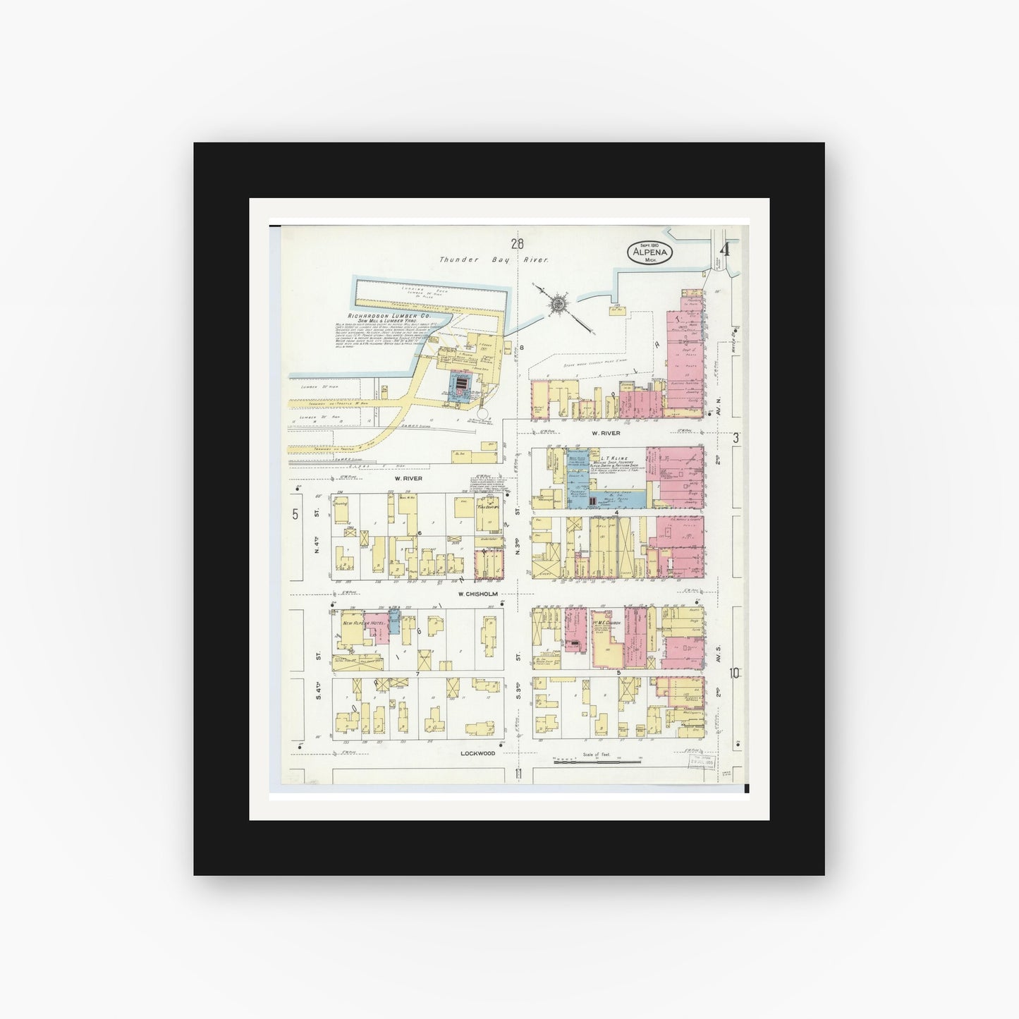 Old map wall art mockup — black gallery frame with white mat — Sanborn Fire Insurance Map from Alpena, Alpena County, Michigan (1910), Sheet #0004