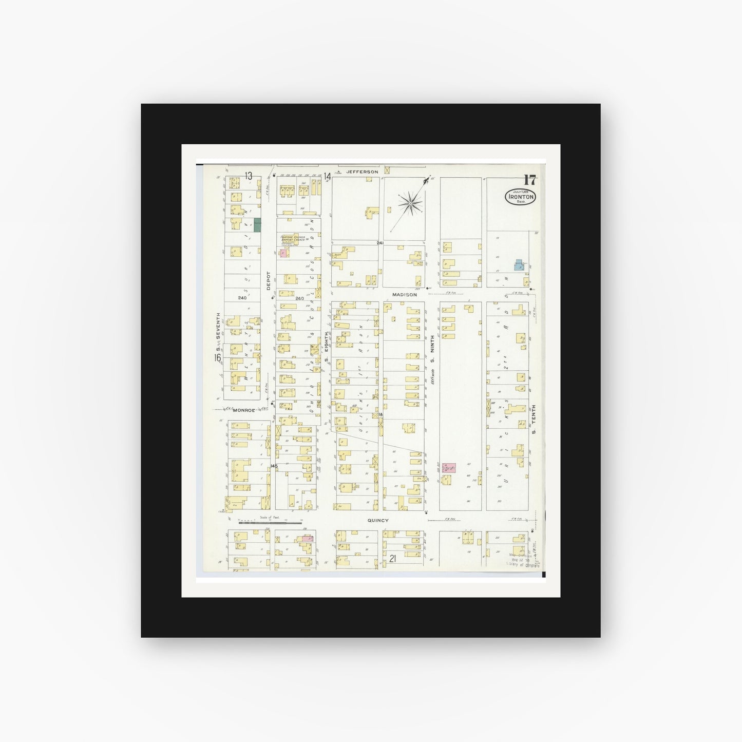 Old map wall art mockup — black gallery frame with white mat — Sanborn Fire Insurance Map from Ironton, Lawrence County, Ohio (1909), Sheet #0017
