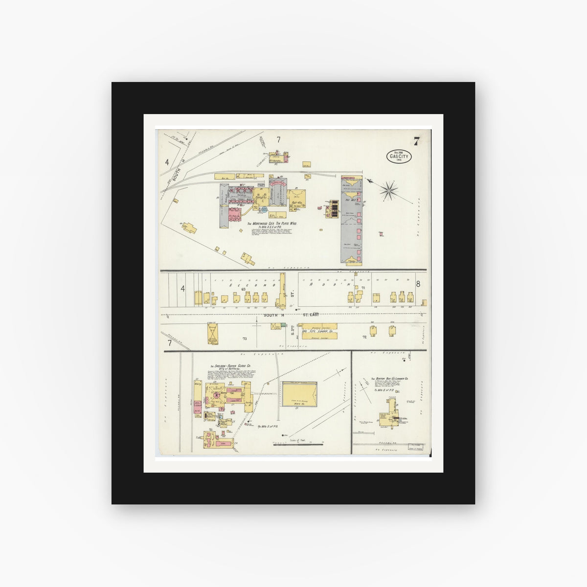 Old map wall art mockup — black gallery frame with white mat — Sanborn Fire Insurance Map from Gas City, Grant County, Indiana (1898), Sheet #0007