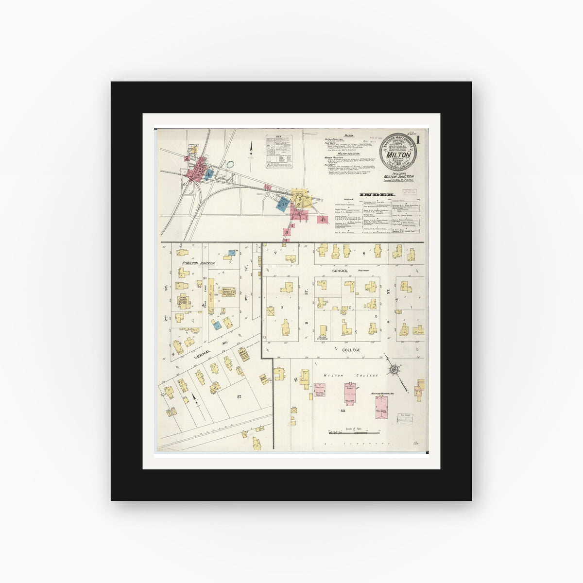 Old map wall art mockup — black gallery frame with white mat — Sanborn Fire Insurance Map from Milton, Rock County, Wisconsin (1909) - Complete Map Set