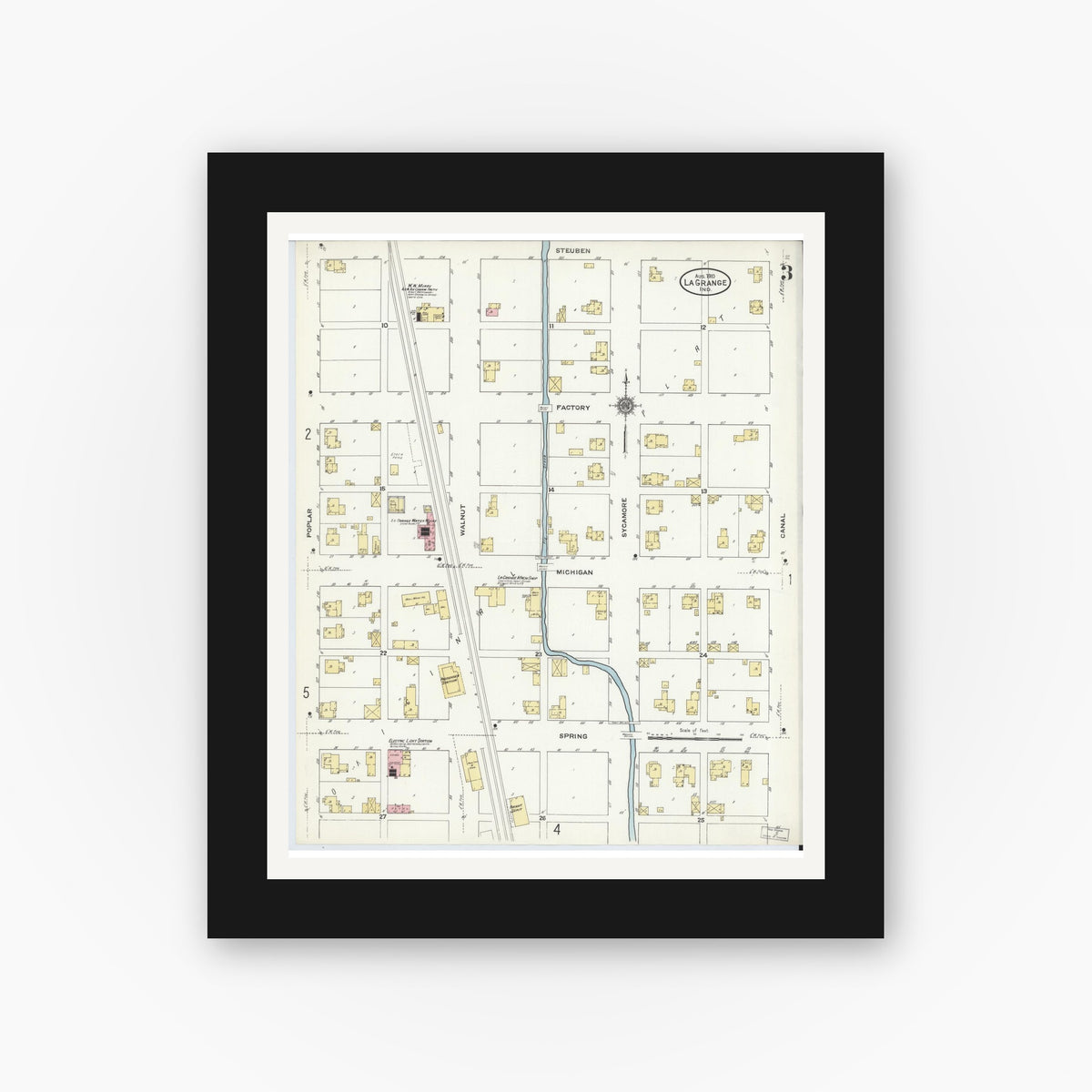 Old map wall art mockup — black gallery frame with white mat — Sanborn Fire Insurance Map from Lagrange, LaGrange County, Indiana (1910), Sheet #0003