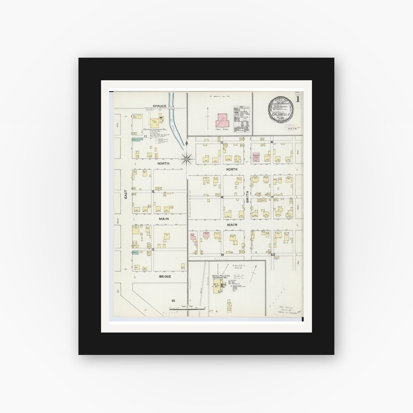 Old map wall art mockup — black gallery frame with white mat — Sanborn Fire Insurance Map from Caldwell, Noble County, Ohio (1890), Sheet #0001