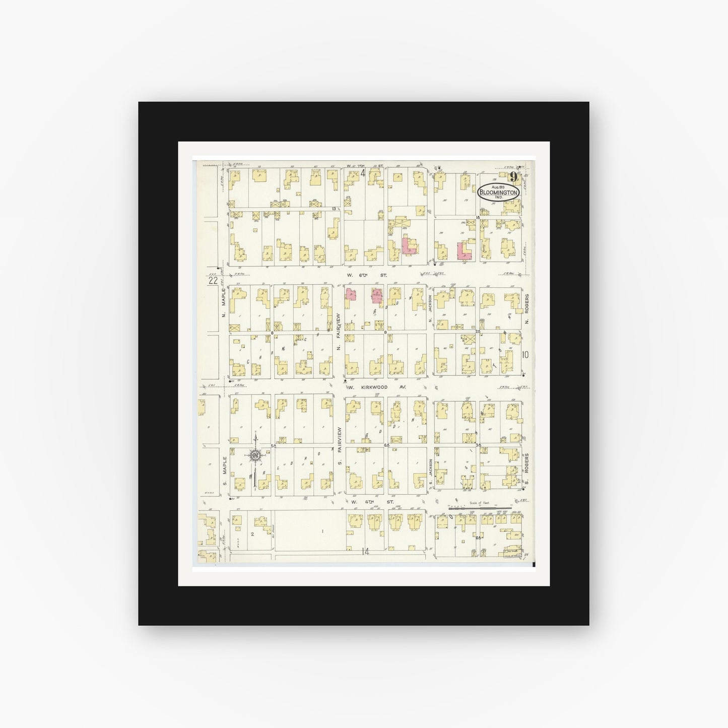 Old map wall art mockup — black gallery frame with white mat — Sanborn Fire Insurance Map from Bloomington, Monroe County, Indiana (1913), Sheet #0009