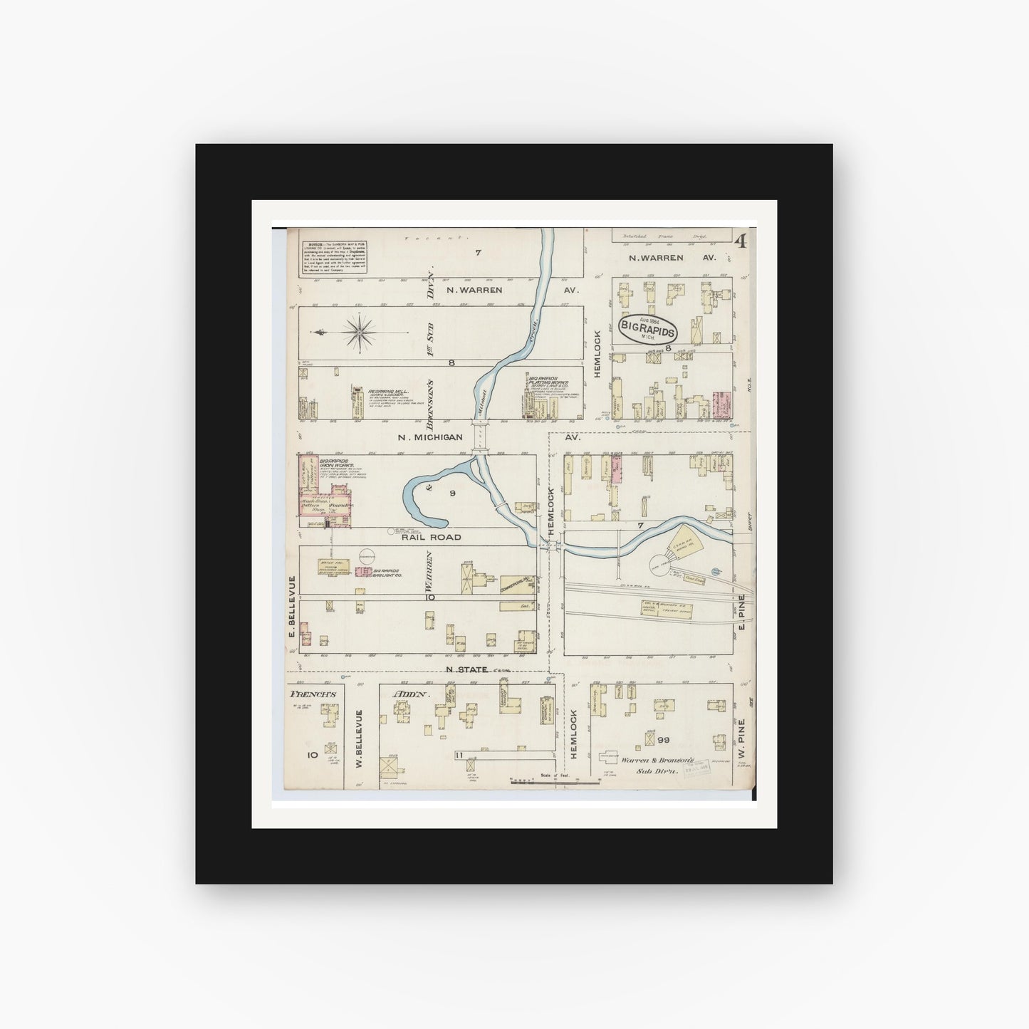 Old map wall art mockup — black gallery frame with white mat — Sanborn Fire Insurance Map from Big Rapids, Mecosta County, Michigan (1884), Sheet #0004
