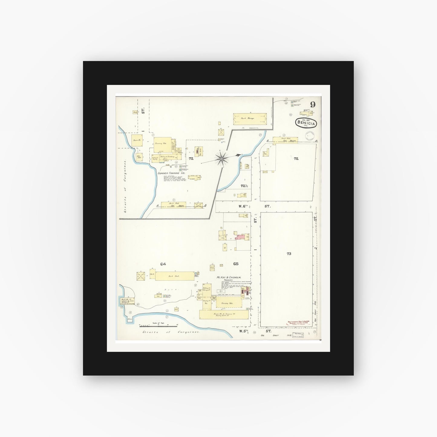 Old map wall art mockup — black gallery frame with white mat — Sanborn Fire Insurance Map from Benicia, Solano County, California (1891), Sheet #0009
