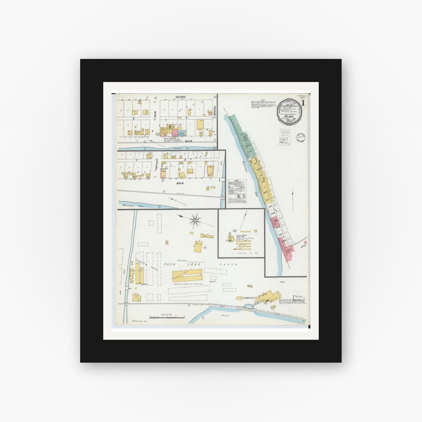 Old map wall art mockup — black gallery frame with white mat — Sanborn Fire Insurance Map from Alma, Buffalo County, Wisconsin (1900), Sheet #0001