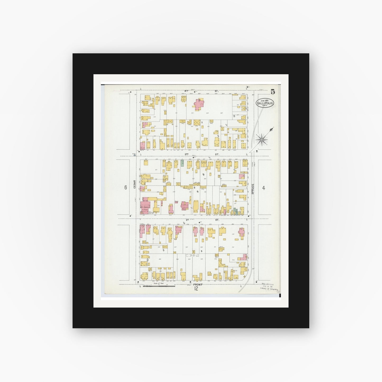 Old map wall art mockup — black gallery frame with white mat — Sanborn Fire Insurance Map from Gallipolis, Gallia County, Ohio (1900), Sheet #0005