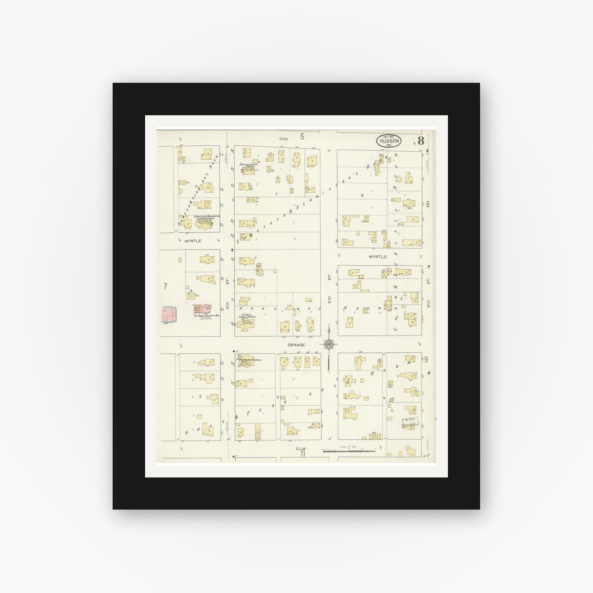 Old map wall art mockup — black gallery frame with white mat — Sanborn Fire Insurance Map from Hudson, St. Croix County, Wisconsin (1912), Sheet #0008