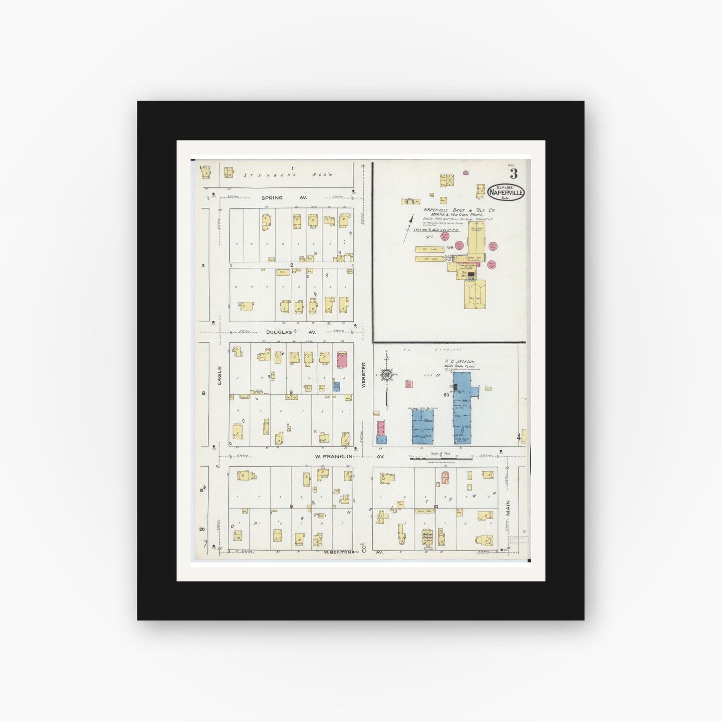 Old map wall art mockup — black gallery frame with white mat — Sanborn Fire Insurance Map from Naperville, Du Page County, Illinois (1921), Sheet #0003