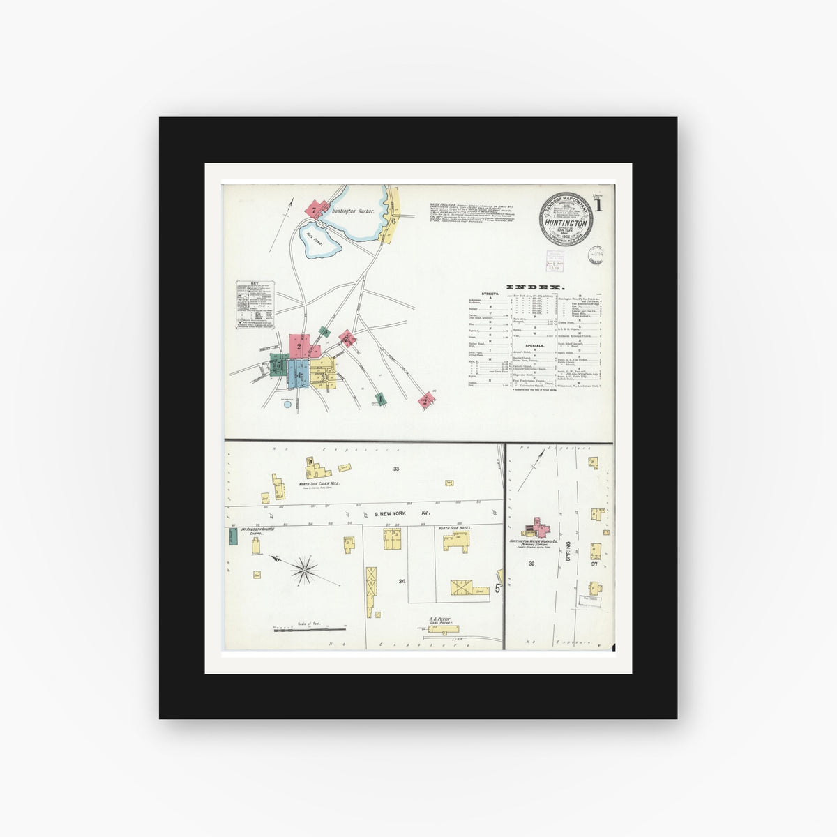 Old map wall art mockup — black gallery frame with white mat — Sanborn Fire Insurance Map from Huntington, Suffolk County, New York (1902) - Complete Map Set