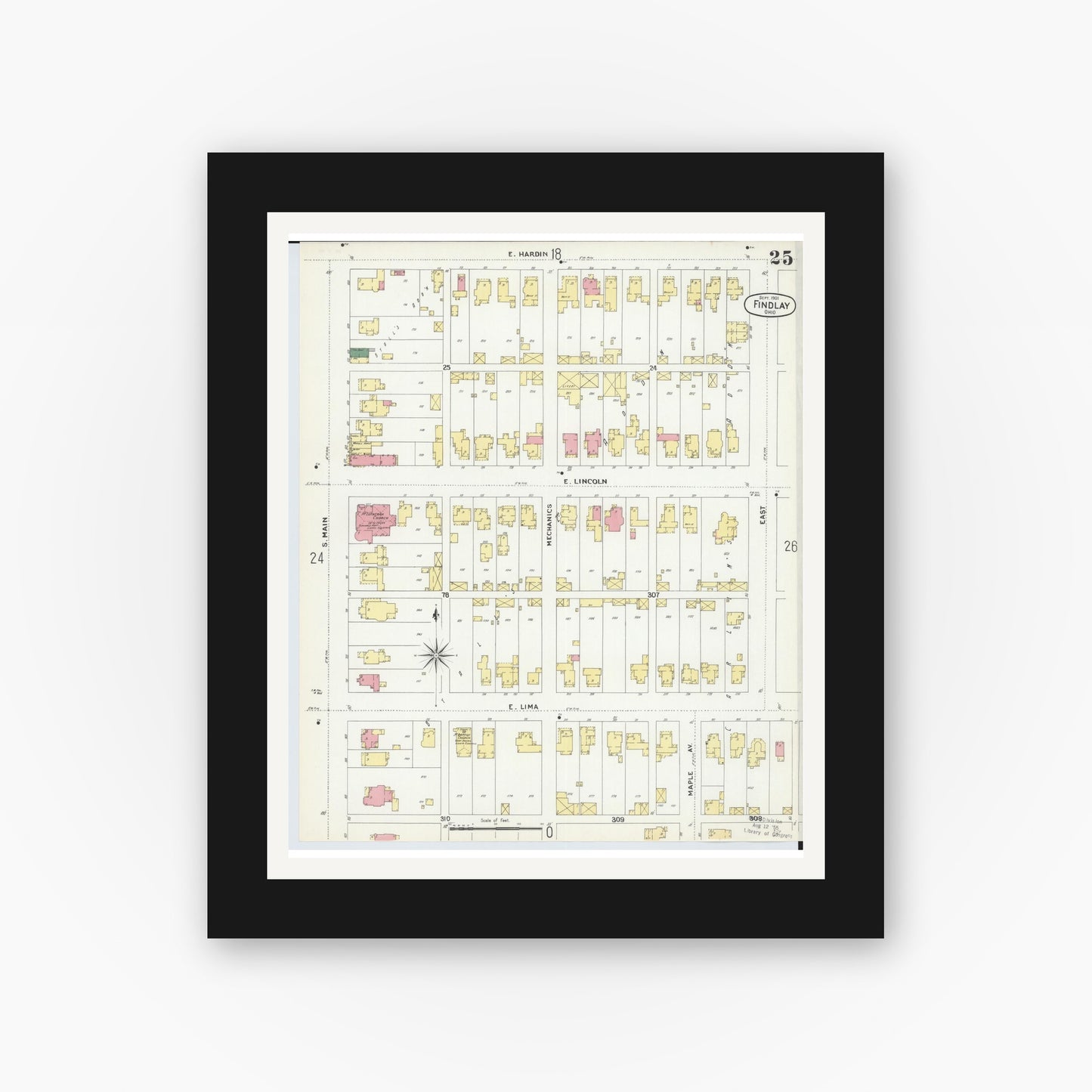 Old map wall art mockup — black gallery frame with white mat — Sanborn Fire Insurance Map from Findlay, Hancock County, Ohio (1901), Sheet #0025