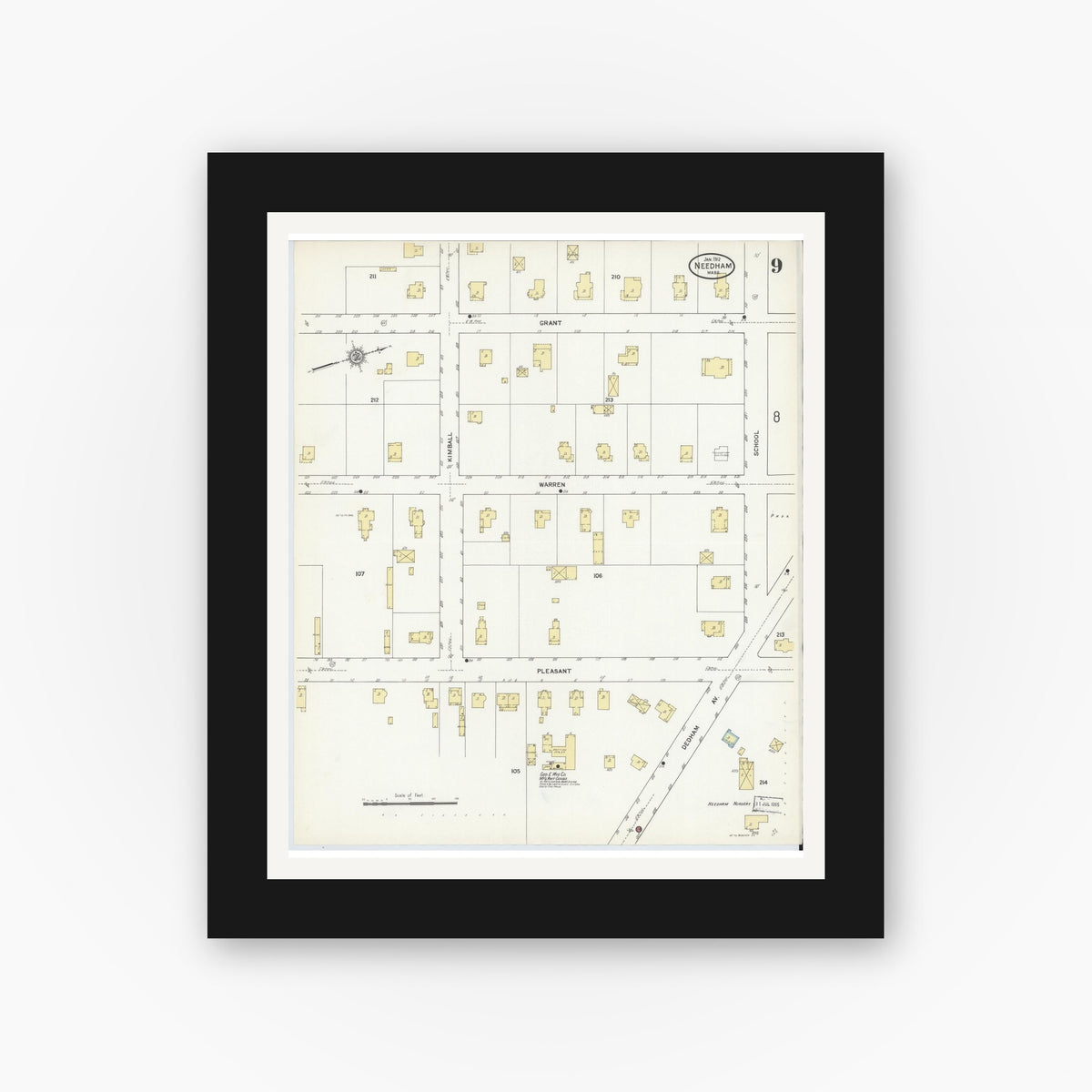 Old map wall art mockup — black gallery frame with white mat — Sanborn Fire Insurance Map from Needham, Norfolk County, Massachusetts (1912), Sheet #0009