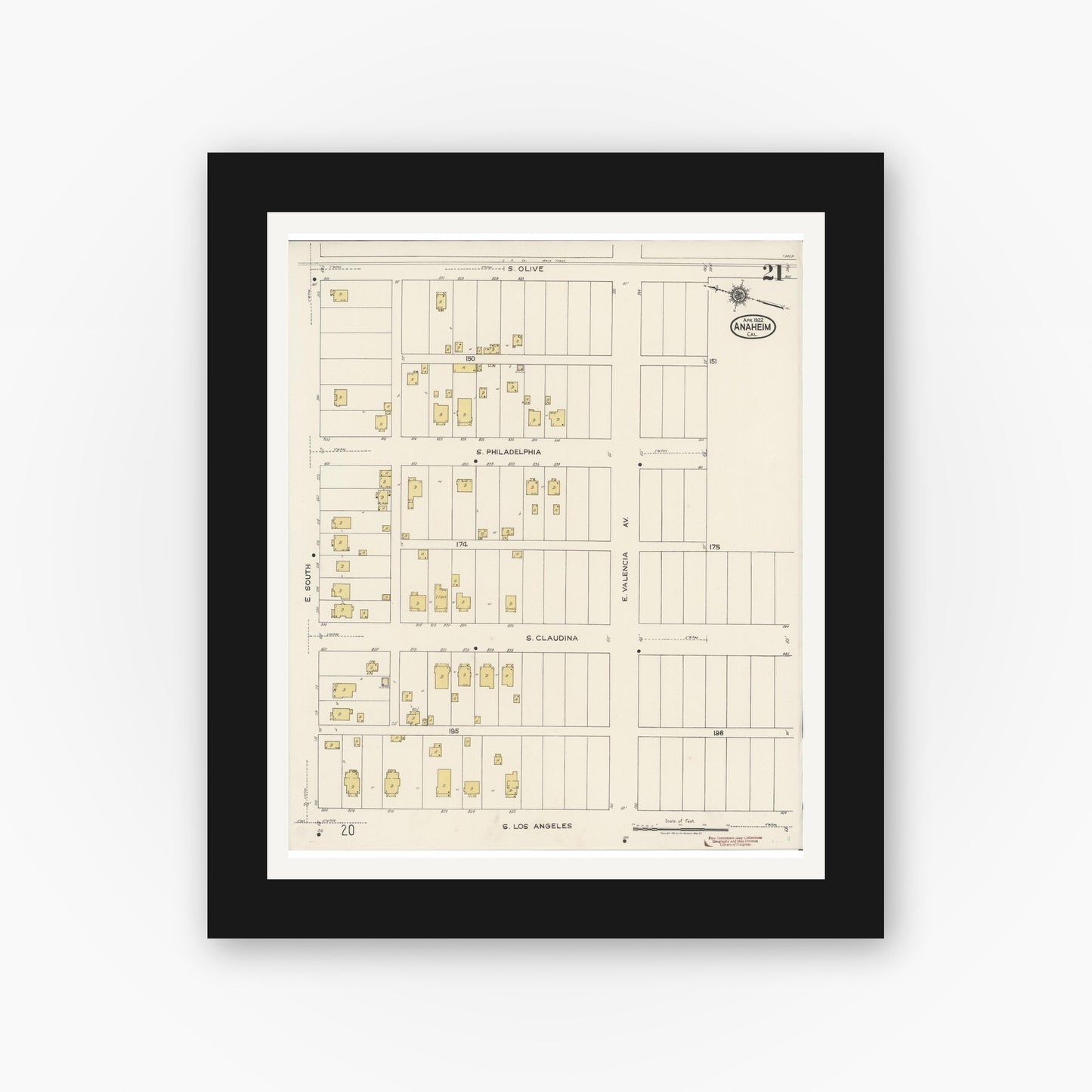 Old map wall art mockup — black gallery frame with white mat — Sanborn Fire Insurance Map from Anaheim, Orange County, California (1922), Sheet #0021
