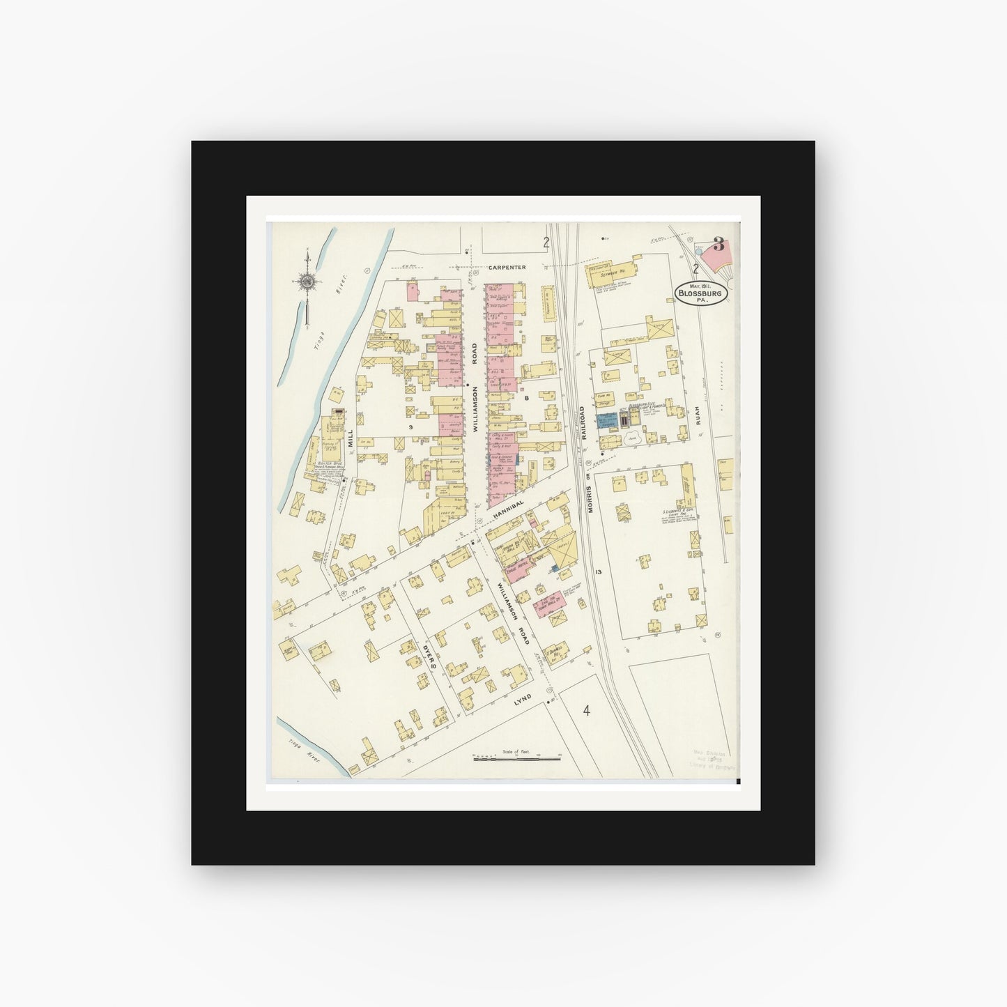 Old map wall art mockup — black gallery frame with white mat — Sanborn Fire Insurance Map from Blossburg, Tioga County, Pennsylvania (1911), Sheet #0003