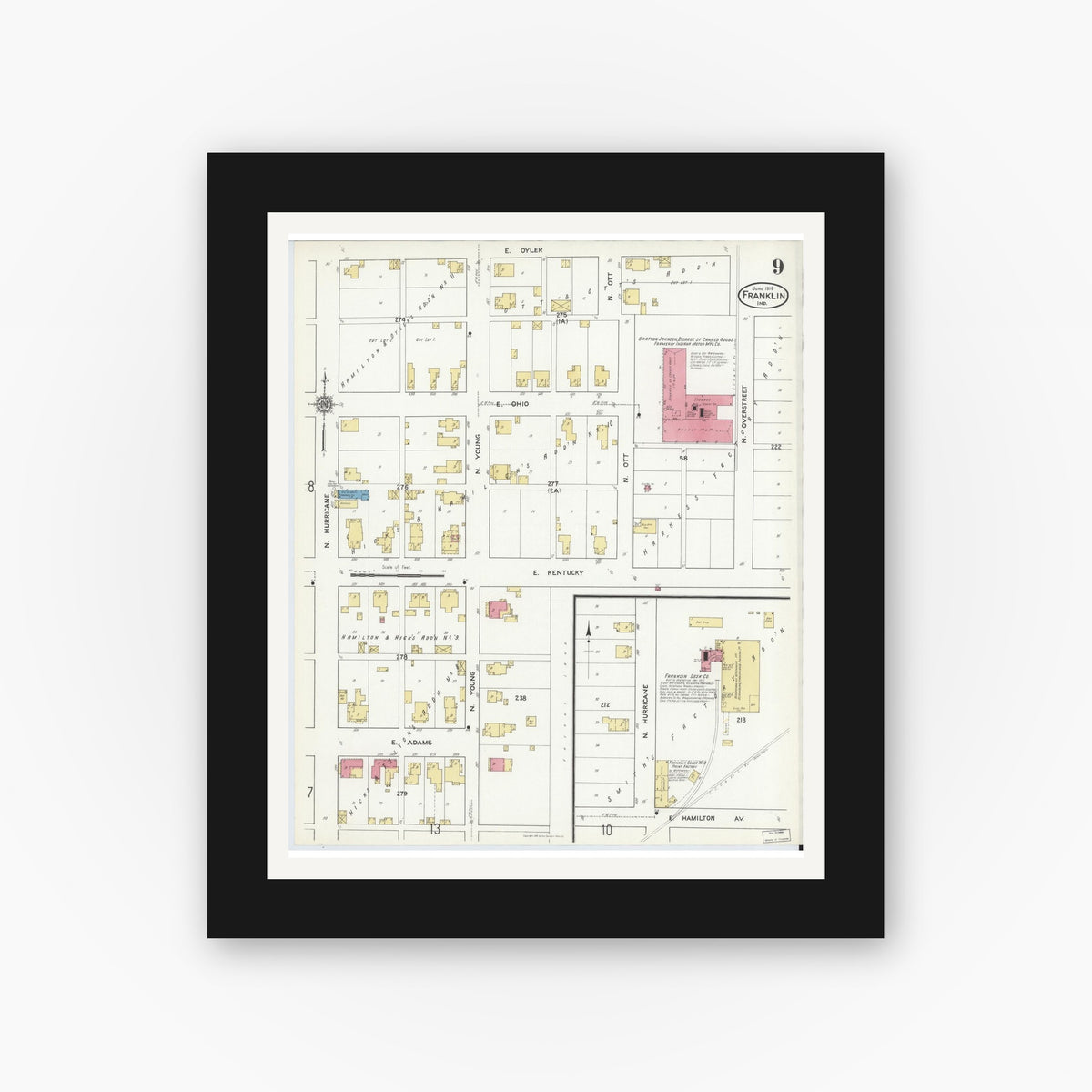 Old map wall art mockup — black gallery frame with white mat — Sanborn Fire Insurance Map from Franklin, Johnson County, Indiana (1916), Sheet #0009