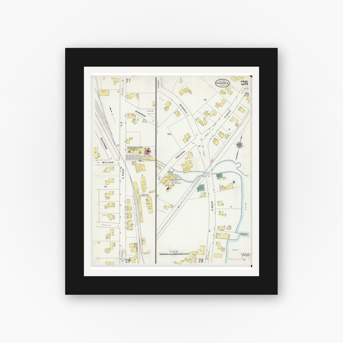 Old map wall art mockup — black gallery frame with white mat — Sanborn Fire Insurance Map from Gardner, Worcester County, Massachusetts (1909), Sheet #0028