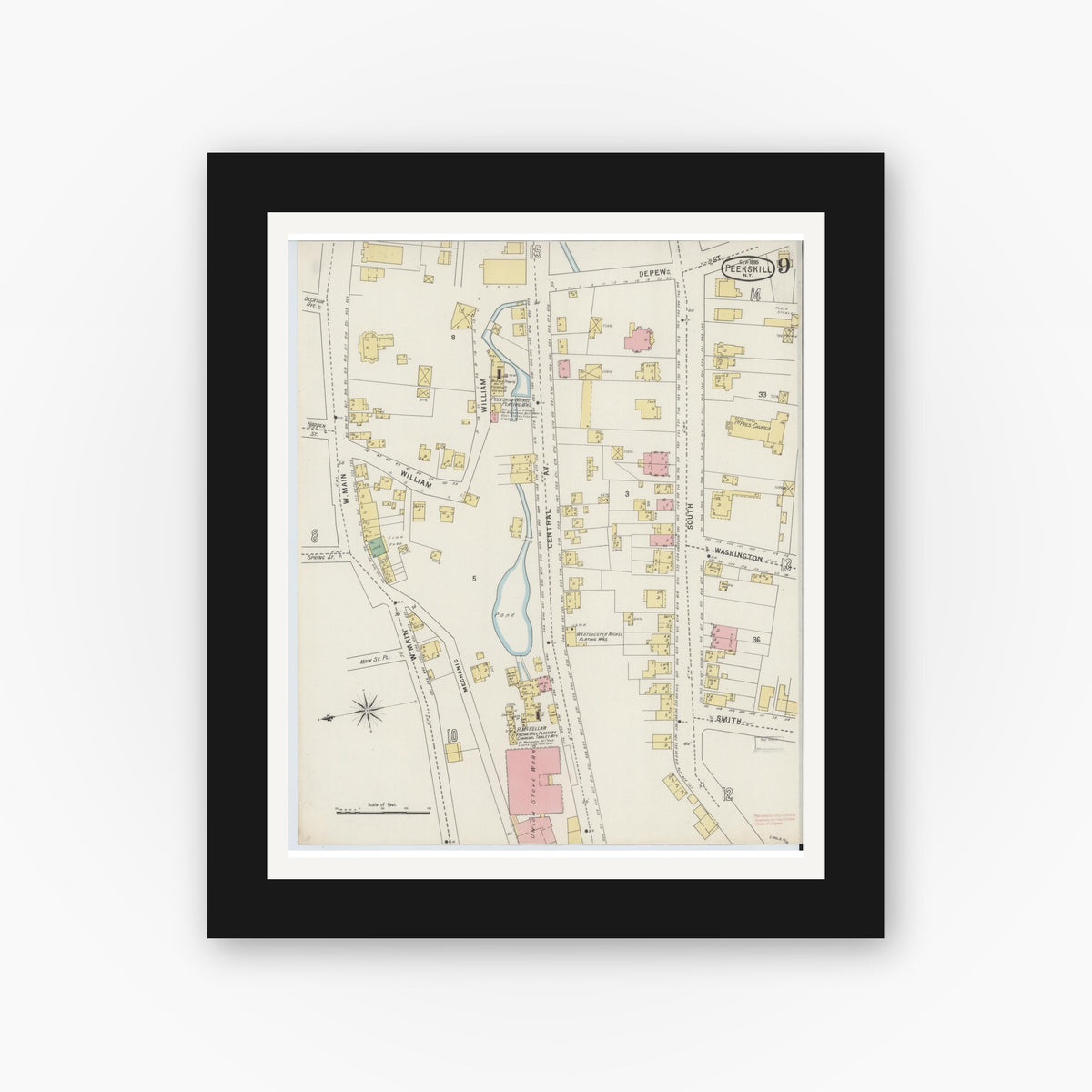 Old map wall art mockup — black gallery frame with white mat — Sanborn Fire Insurance Map from Peekskill, Westchester County, New York (1895), Sheet #0009