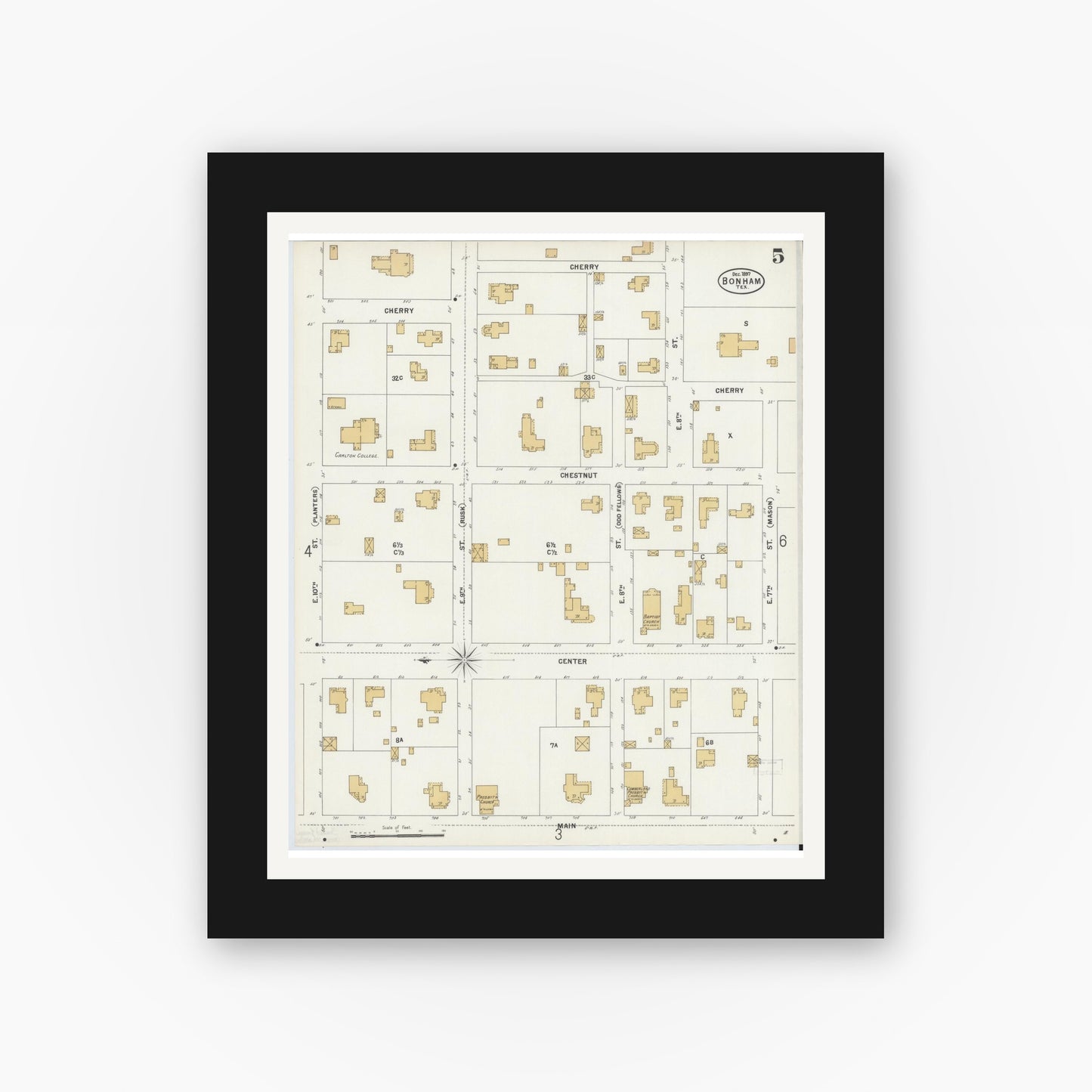 Old map wall art mockup — black gallery frame with white mat — Sanborn Fire Insurance Map from Bonham, Fannin County, Texas (1897), Sheet #0005