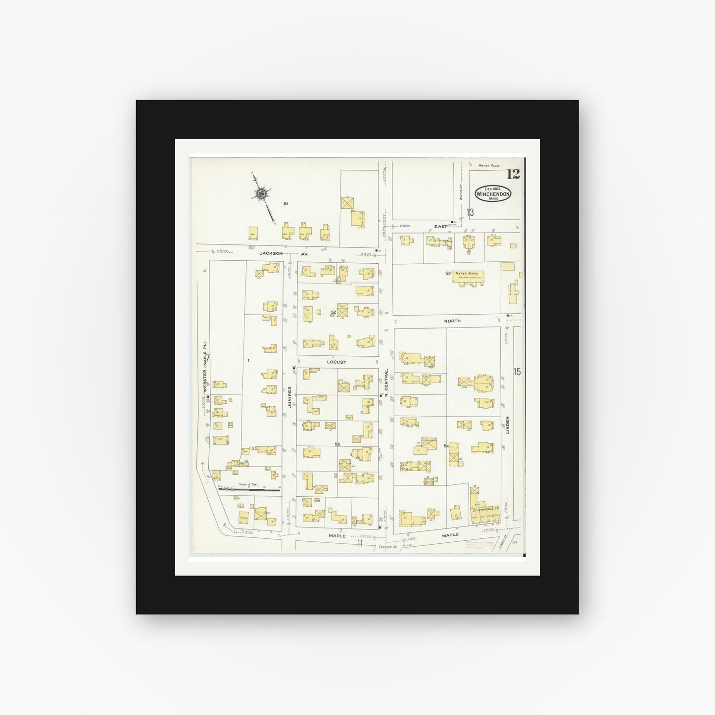 Old map wall art mockup — black gallery frame with white mat — Sanborn Fire Insurance Map from Winchendon, Worcester County, Massachusetts (1909), Sheet #0012