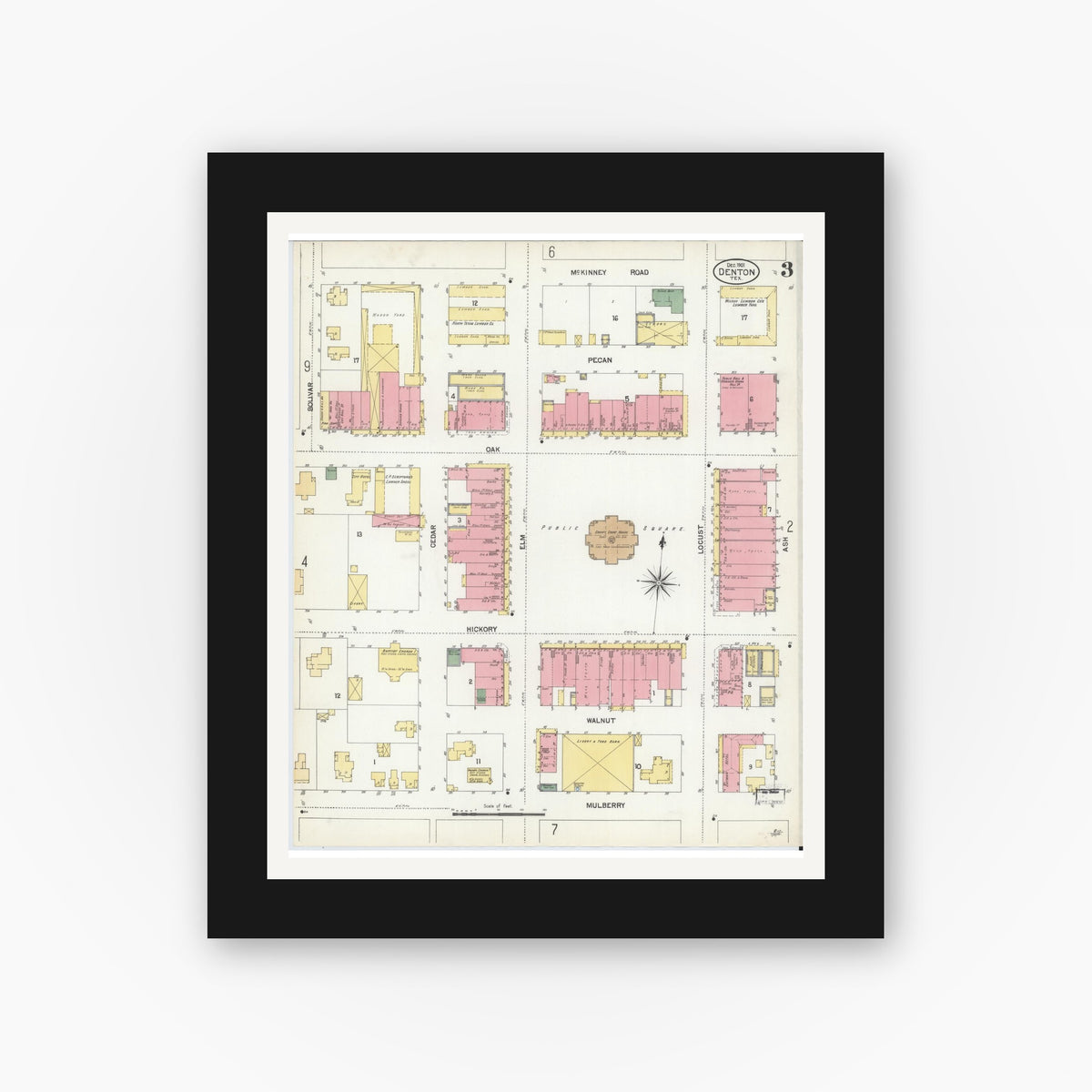 Old map wall art mockup — black gallery frame with white mat — Sanborn Fire Insurance Map from Denton, Denton County, Texas (1901), Sheet #0003
