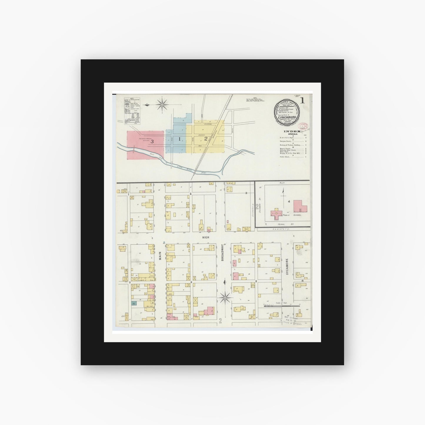 Old map wall art mockup β black gallery frame with white mat β Sanborn Fire Insurance Map from Lynchburg, Highland County, Ohio (1895) - Complete Map Set