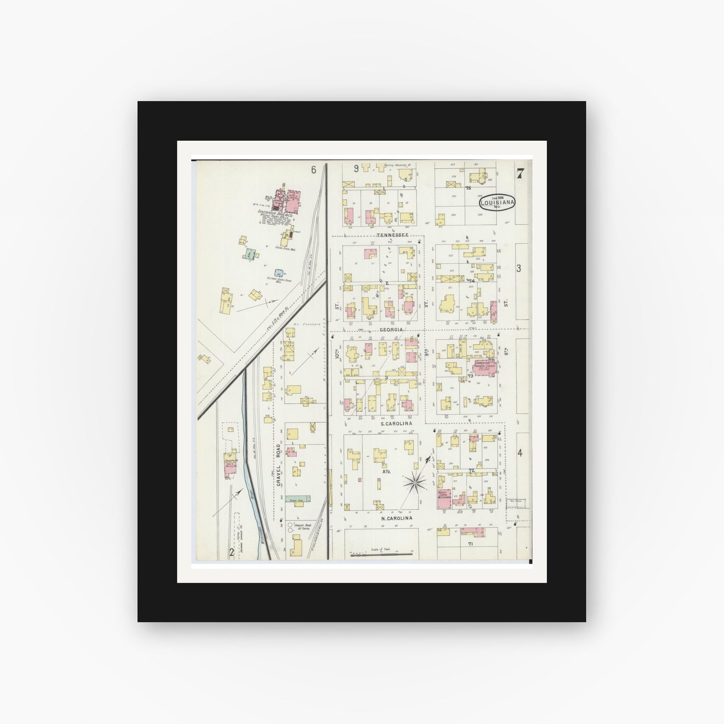 Old map wall art mockup — black gallery frame with white mat — Sanborn Fire Insurance Map from Louisiana, Pike County, Missouri (1896), Sheet #0007