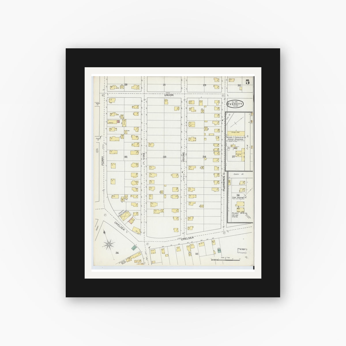 Old map wall art mockup — black gallery frame with white mat — Sanborn Fire Insurance Map from Everett, Middlesex County, Massachusetts (1892), Sheet #0005