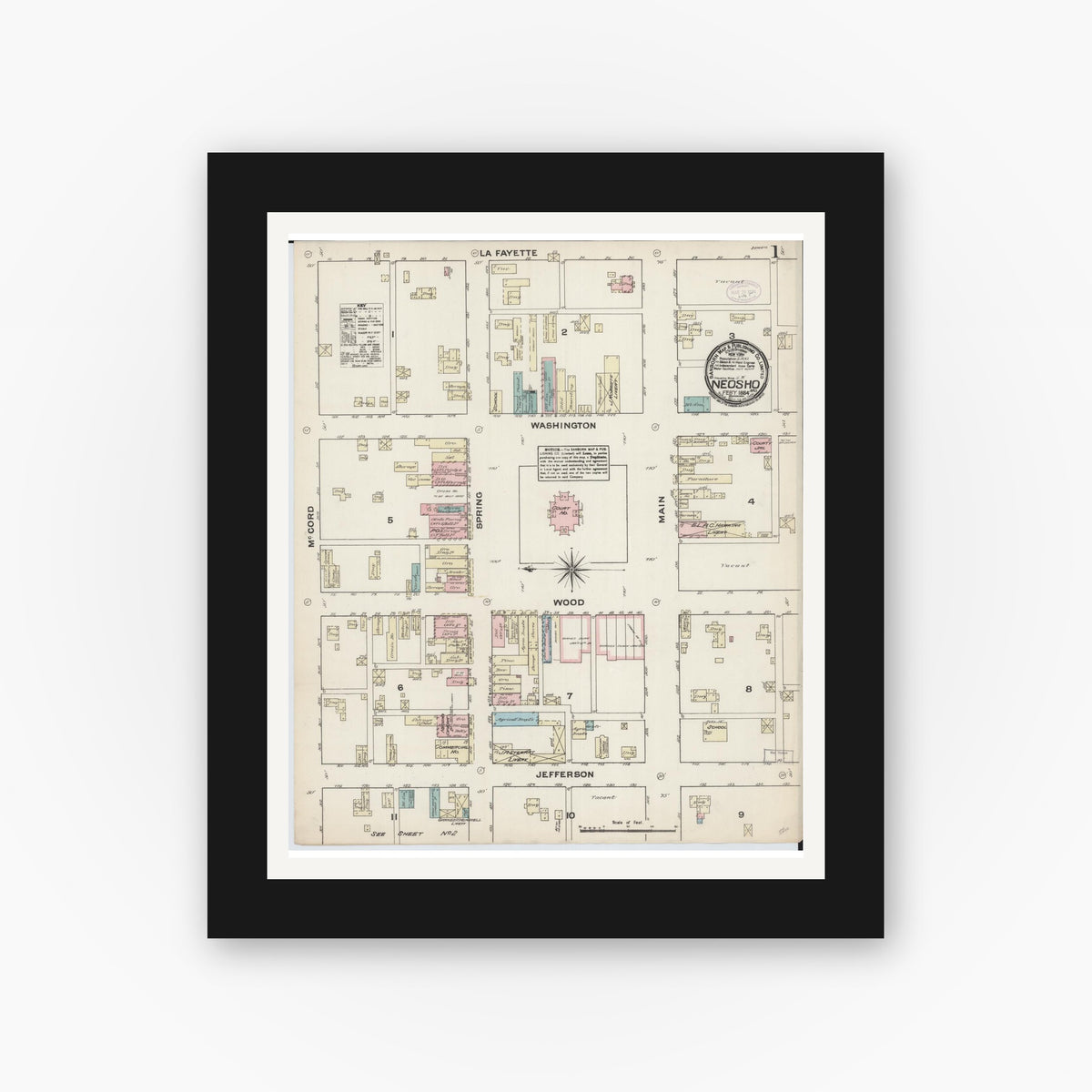 Old map wall art mockup — black gallery frame with white mat — Sanborn Fire Insurance Map from Neosho, Newton County, Missouri (1884) - Complete Map Set