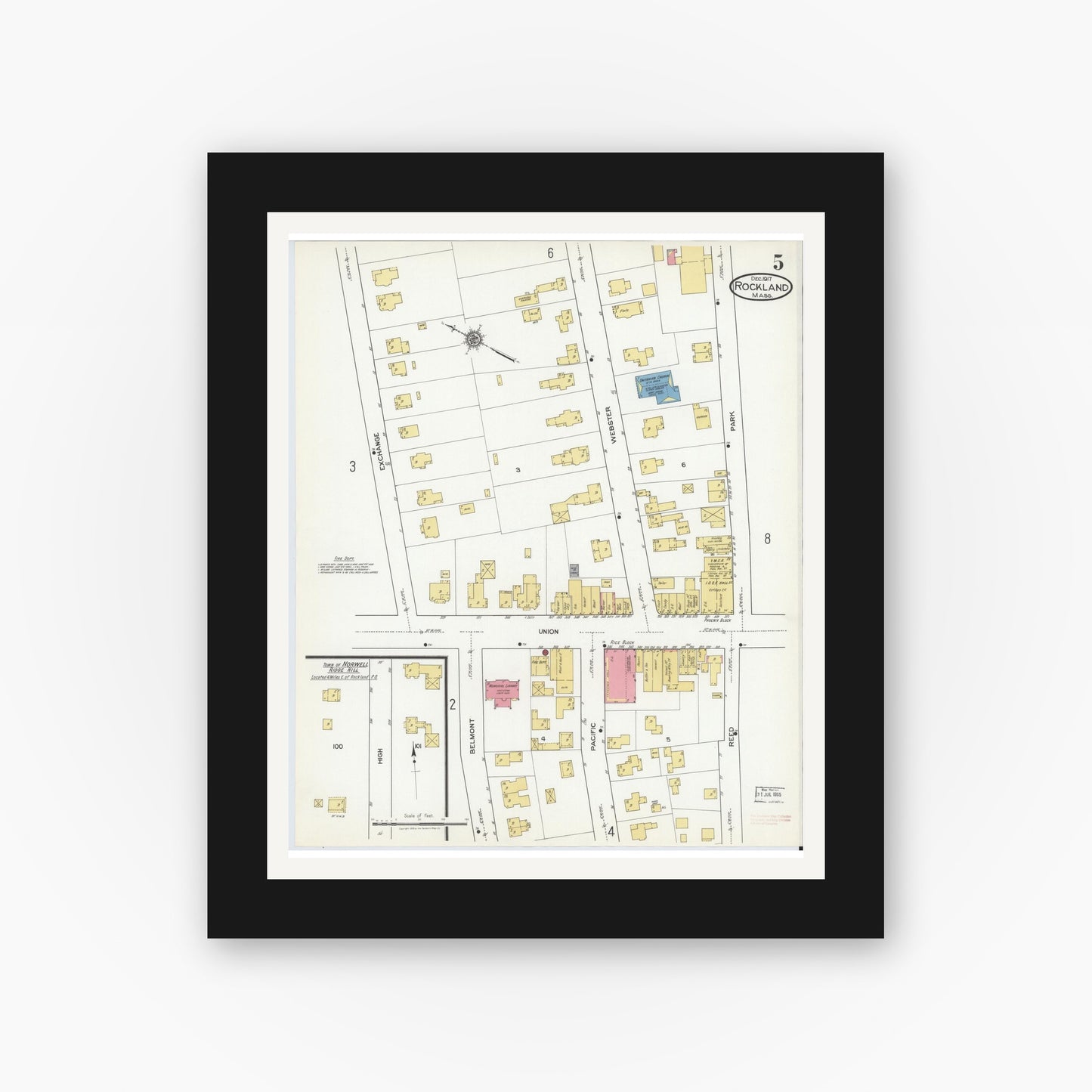 Old map wall art mockup — black gallery frame with white mat — Sanborn Fire Insurance Map from Rockland, Plymouth County, Massachusetts (1917), Sheet #0005
