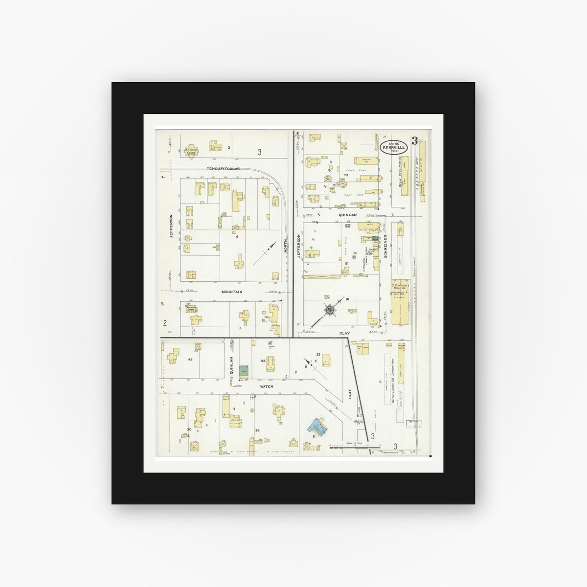 Old map wall art mockup — black gallery frame with white mat — Sanborn Fire Insurance Map from Kerrville, Kerr County, Texas (1910), Sheet #0003