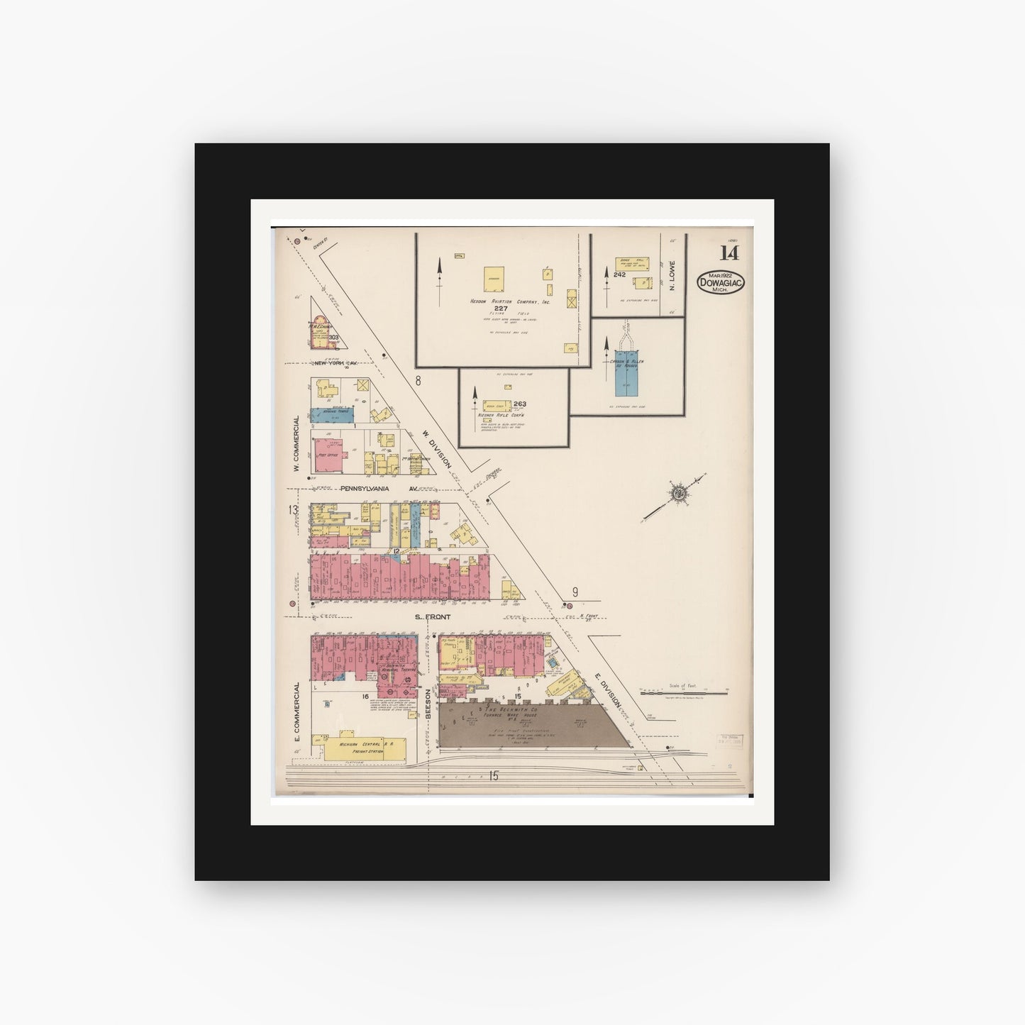 Old map wall art mockup — black gallery frame with white mat — Sanborn Fire Insurance Map from Dowagiac, Cass County, Michigan (1922), Sheet #0014
