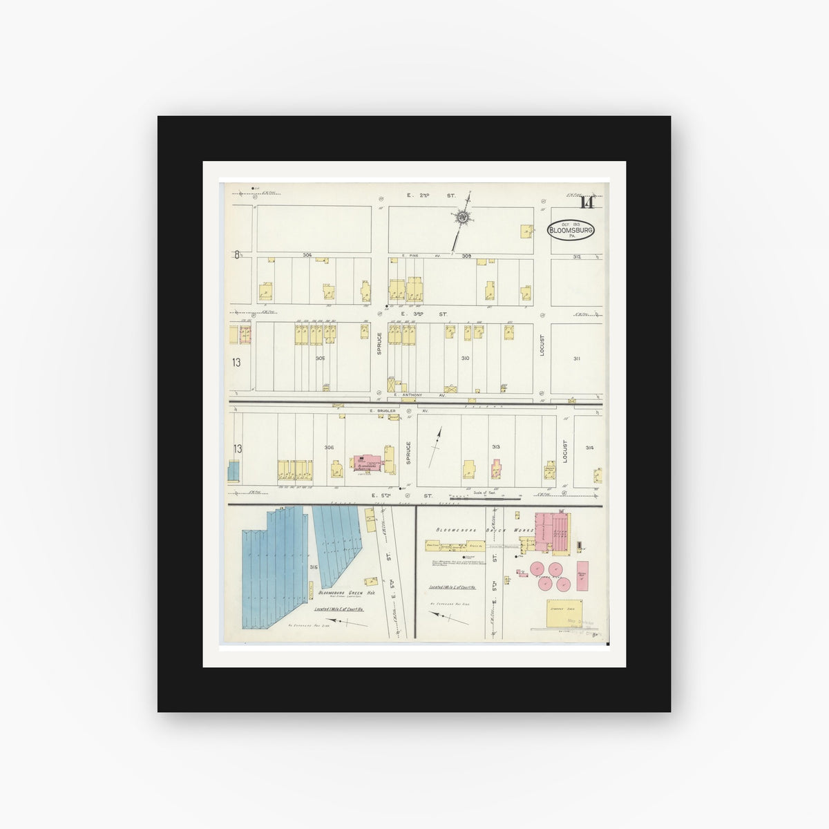 Old map wall art mockup β black gallery frame with white mat β Sanborn Fire Insurance Map from Bloomsburg, Columbia County, Pennsylvania (1913), Sheet #0014