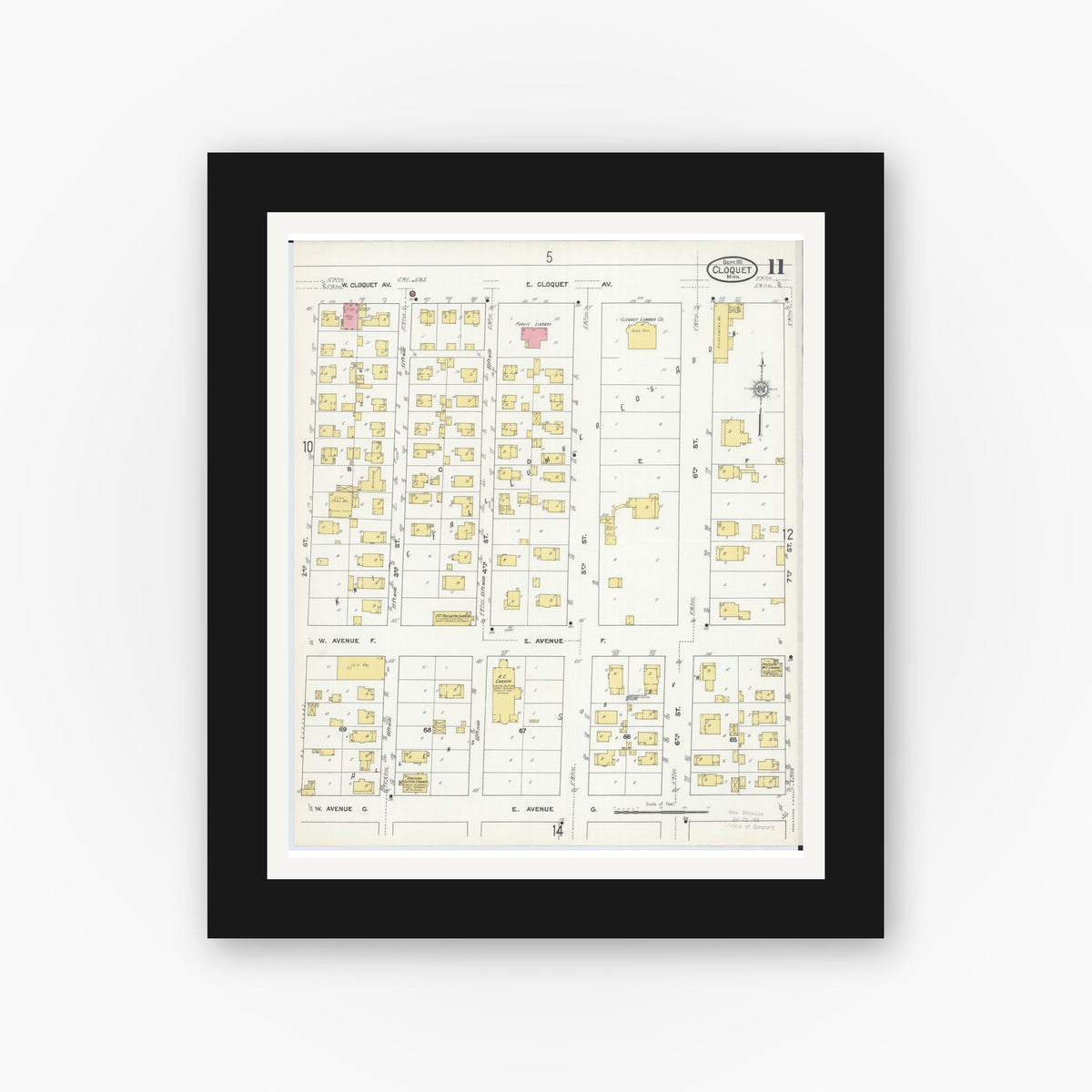 Old map wall art mockup — black gallery frame with white mat — Sanborn Fire Insurance Map from Cloquet, Carlton County, Minnesota (1911), Sheet #0011
