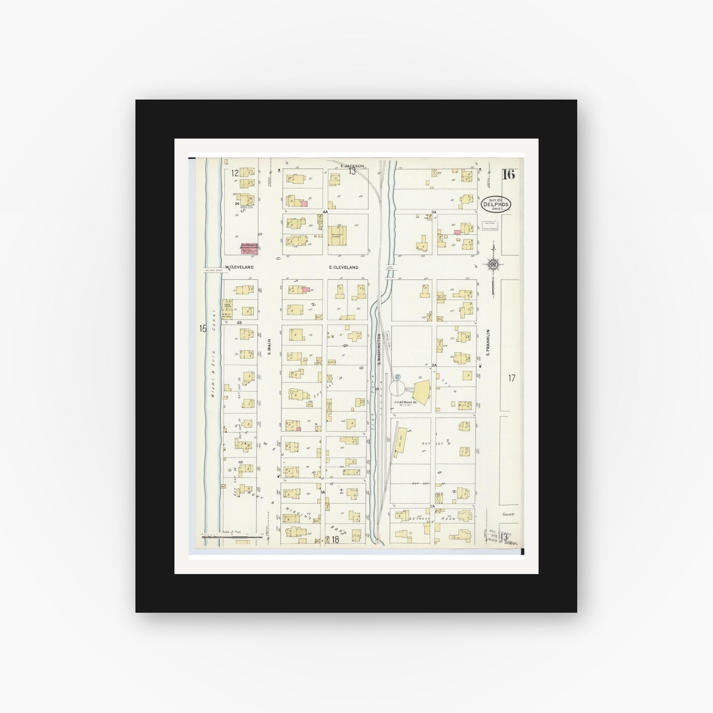 Old map wall art mockup — black gallery frame with white mat — Sanborn Fire Insurance Map from Delphos, Van Wert And Allen Counties, Ohio (1911), Sheet #0016