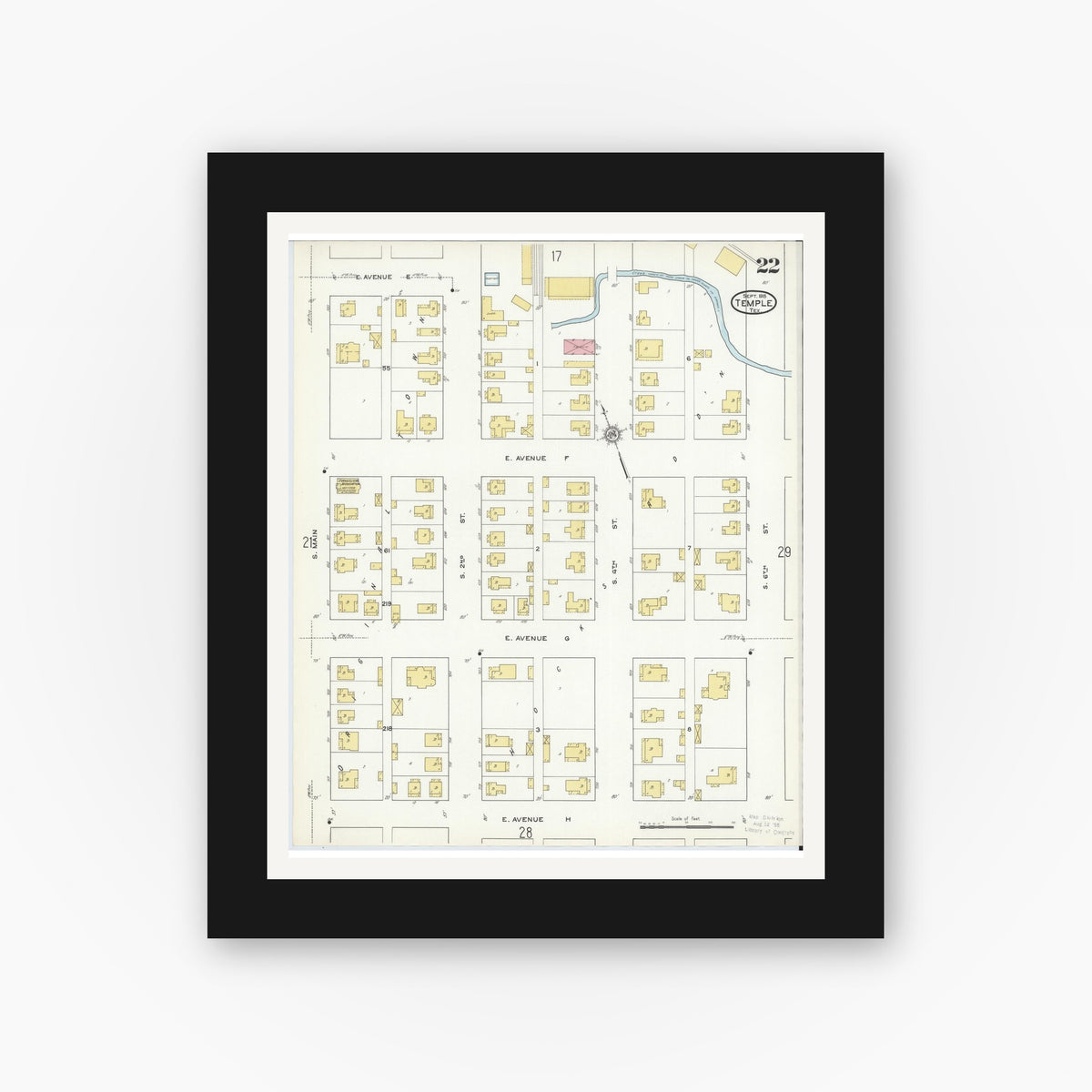 Old map wall art mockup — black gallery frame with white mat — Sanborn Fire Insurance Map from Temple, Bell County, Texas (1915), Sheet #0022