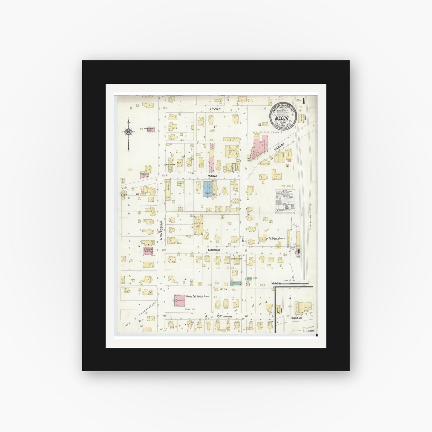 Old map wall art mockup — black gallery frame with white mat — Sanborn Fire Insurance Map from Mecca, Parke County, Indiana (1910) - Complete Map Set