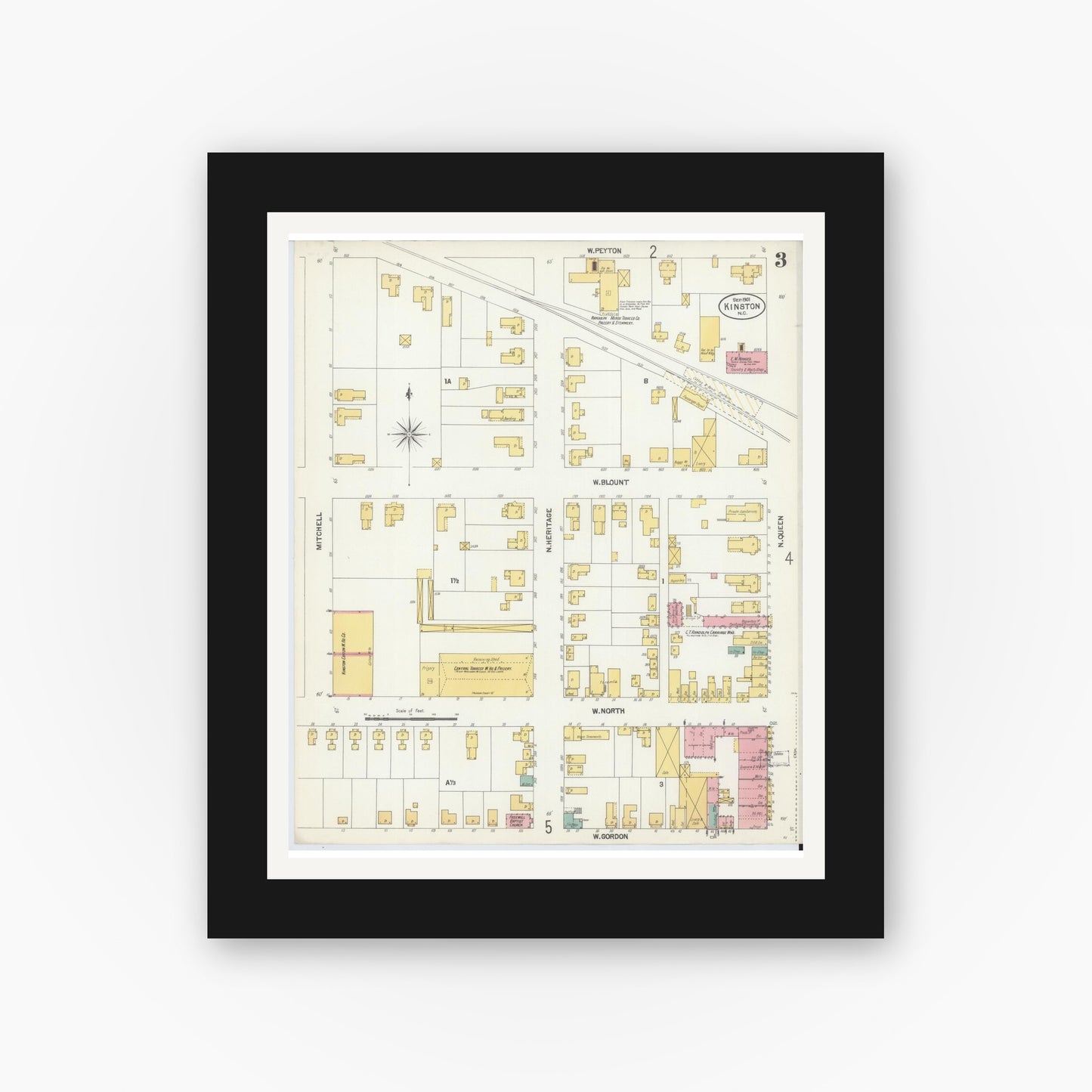 Old map wall art mockup — black gallery frame with white mat — Sanborn Fire Insurance Map from Kinston, Lenoir County, North Carolina (1901), Sheet #0003