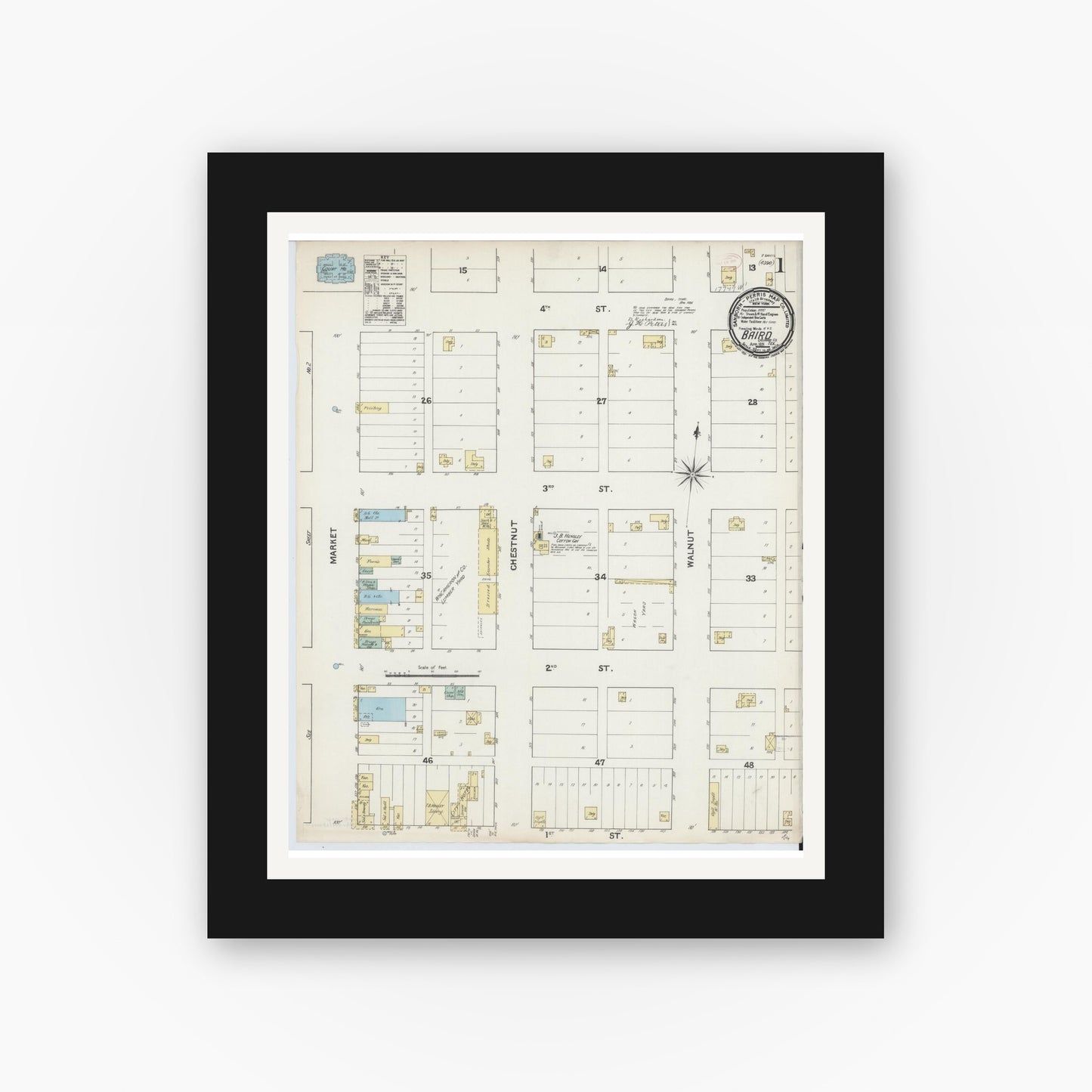 Old map wall art mockup — black gallery frame with white mat — Sanborn Fire Insurance Map from Baird, Callahan County, Texas (1891), Sheet #0001