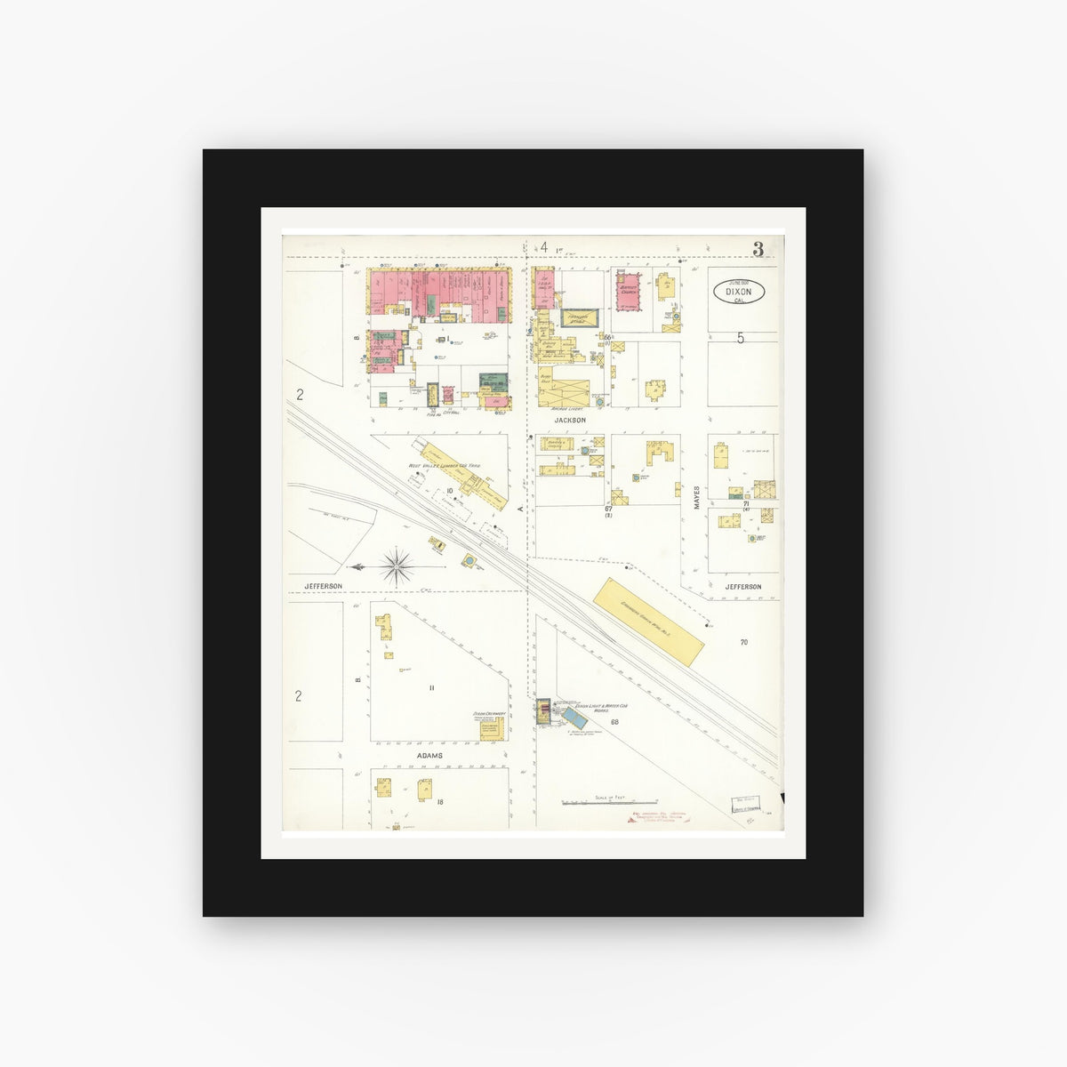 Old map wall art mockup — black gallery frame with white mat — Sanborn Fire Insurance Map from Dixon, Solano County, California (1900), Sheet #0003