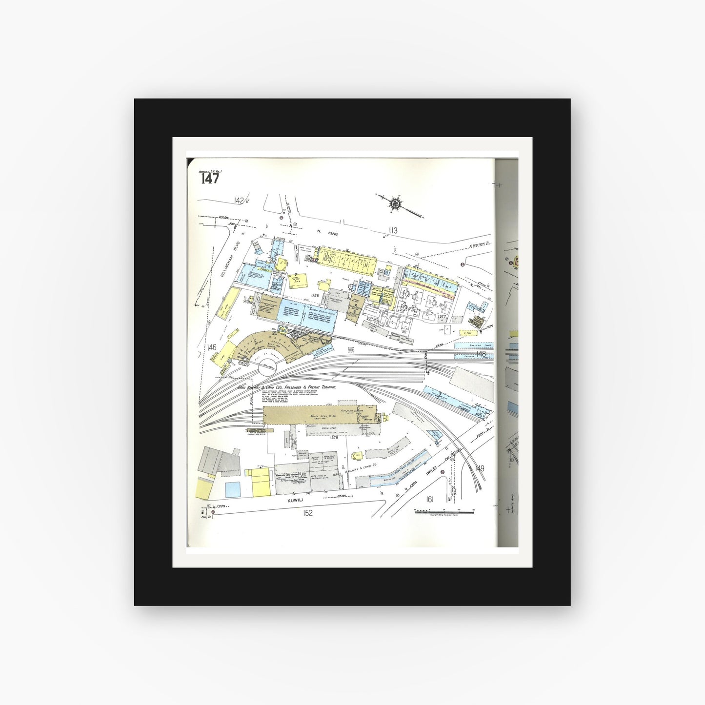 Old map wall art mockup — black gallery frame with white mat — Sanborn Fire Insurance Map from Honolulu, Oahu County, Hawaii (1955), Sheet #0147