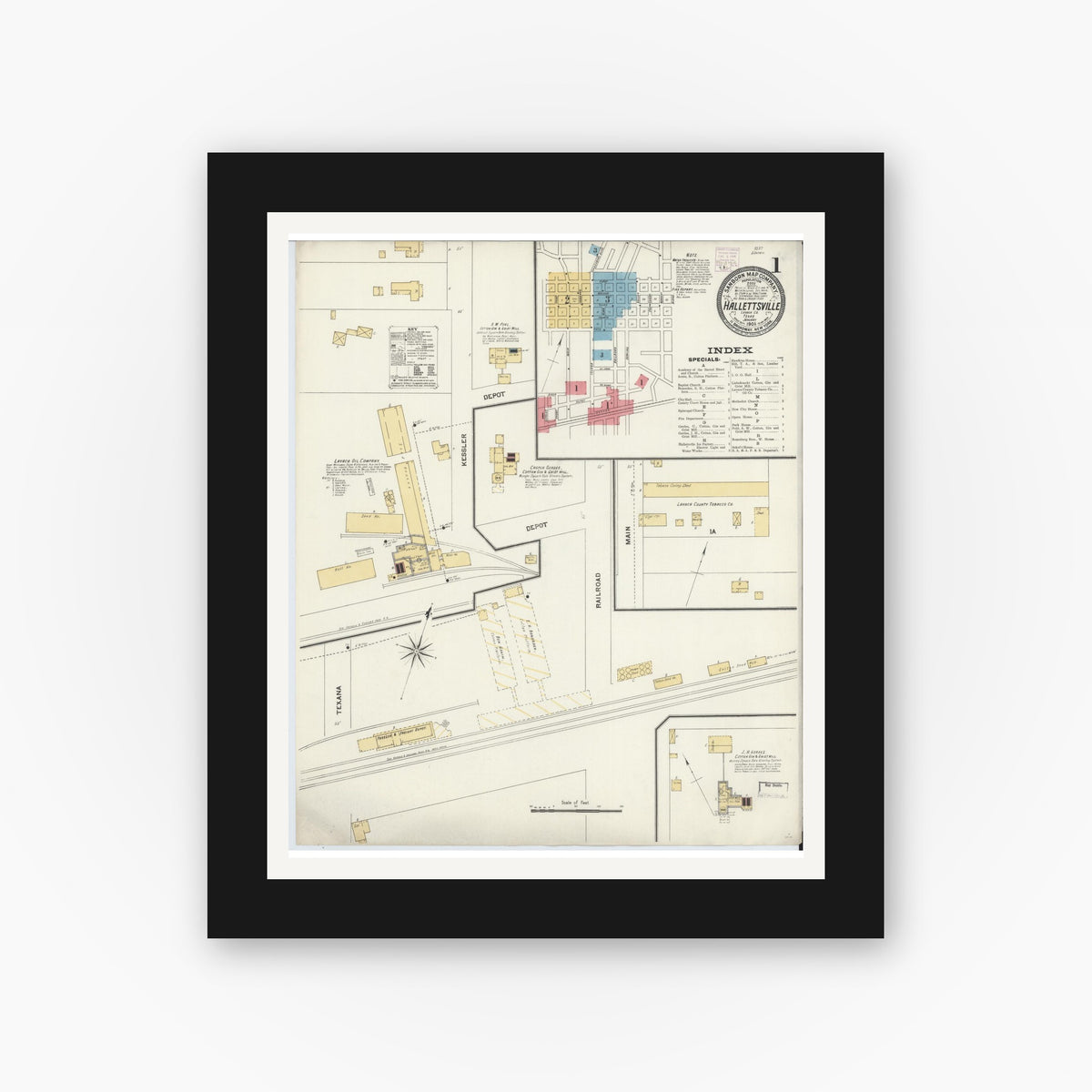 Old map wall art mockup — black gallery frame with white mat — Sanborn Fire Insurance Map from Hallettsville, Lavaca County, Texas (1906) - Complete Map Set