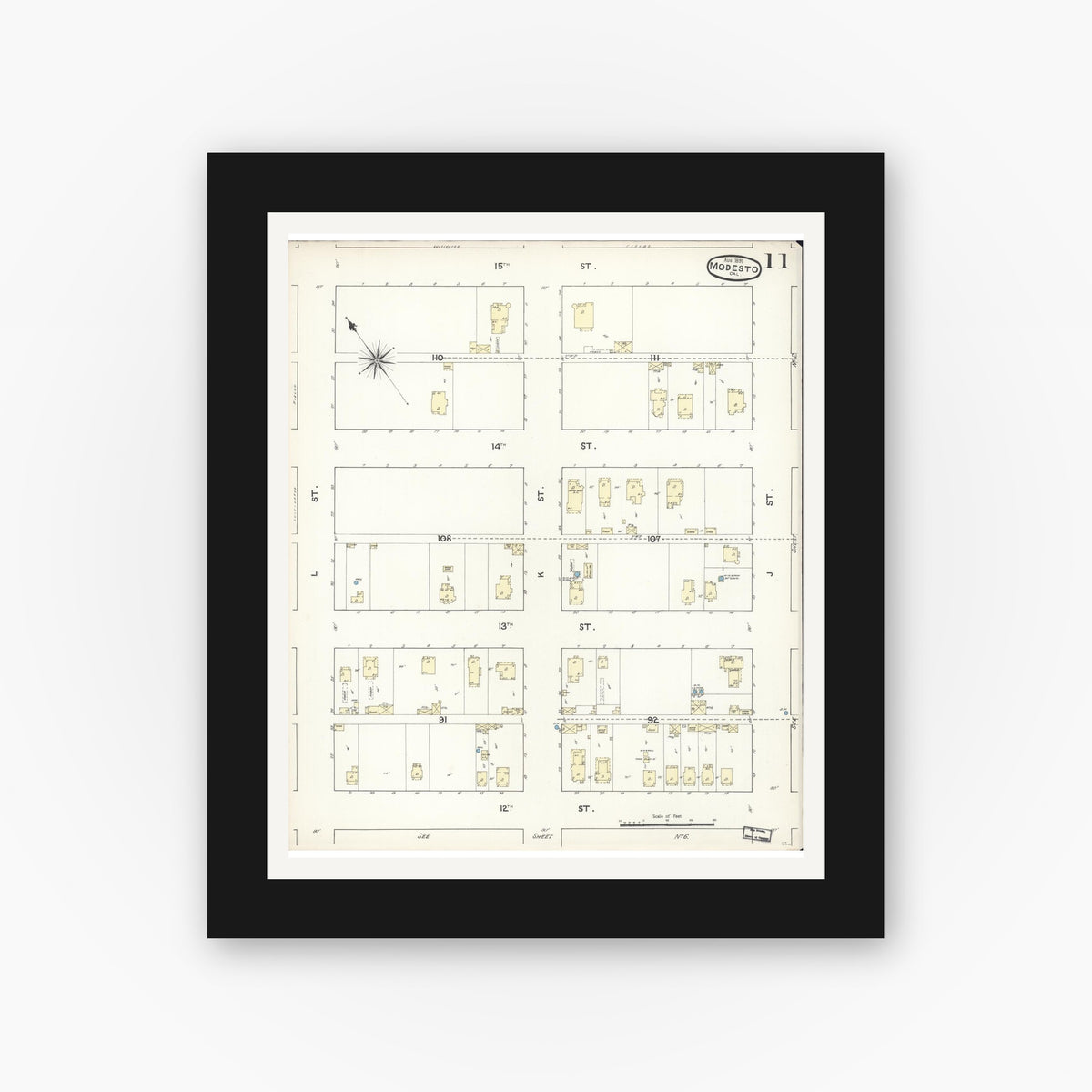 Old map wall art mockup — black gallery frame with white mat — Sanborn Fire Insurance Map from Modesto, Stanislaus County, California (1891), Sheet #0011
