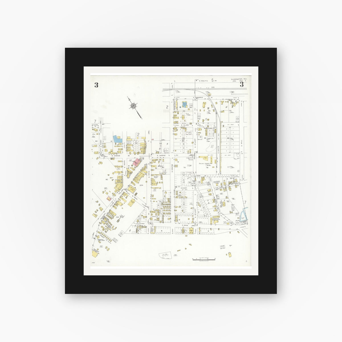 Old map wall art mockup — black gallery frame with white mat — Sanborn Fire Insurance Map from Gladewater, Gregg County, Texas (1934), Sheet #0003