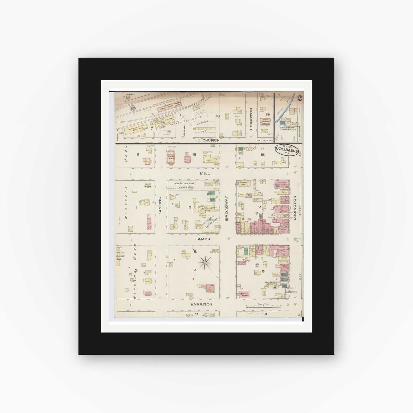 Old map wall art mockup — black gallery frame with white mat — Sanborn Fire Insurance Map from Columbus, Columbia and Dodge County, Wisconsin (1885), Sheet #0002